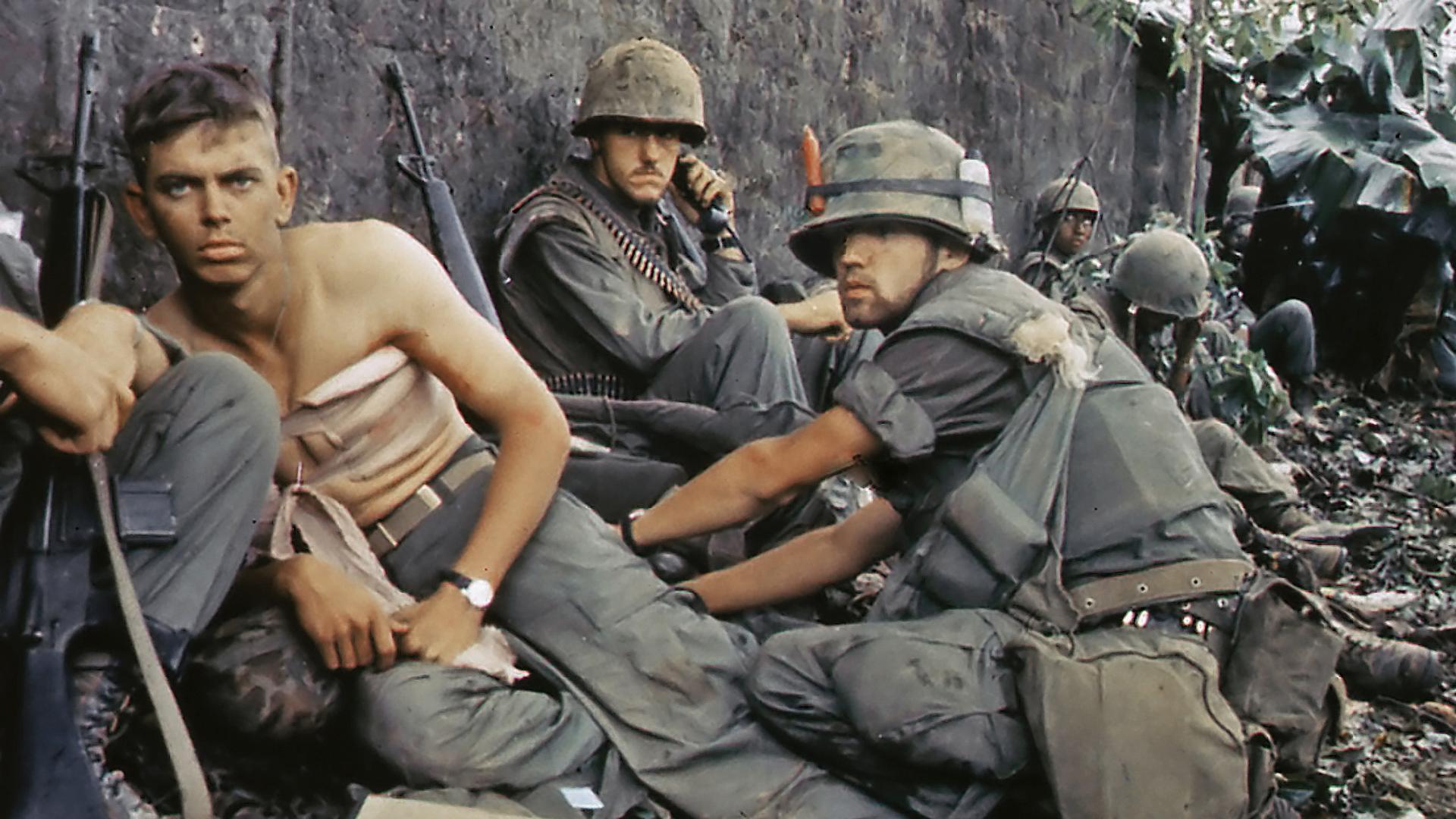 A corpsman treats a wounded Marine in the city of Hue, Vietnam, in June 1968. 