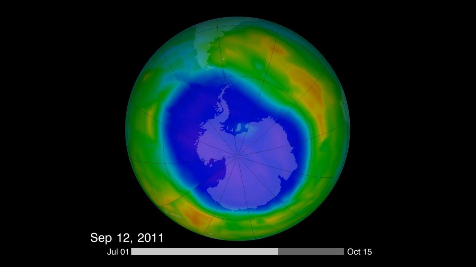 This image is from a video made in 2011 that compiled visualizations of the Antarctic ozone hole. Recent findings have shown that the hole is filling up — while other parts of ozone remain on the decline.