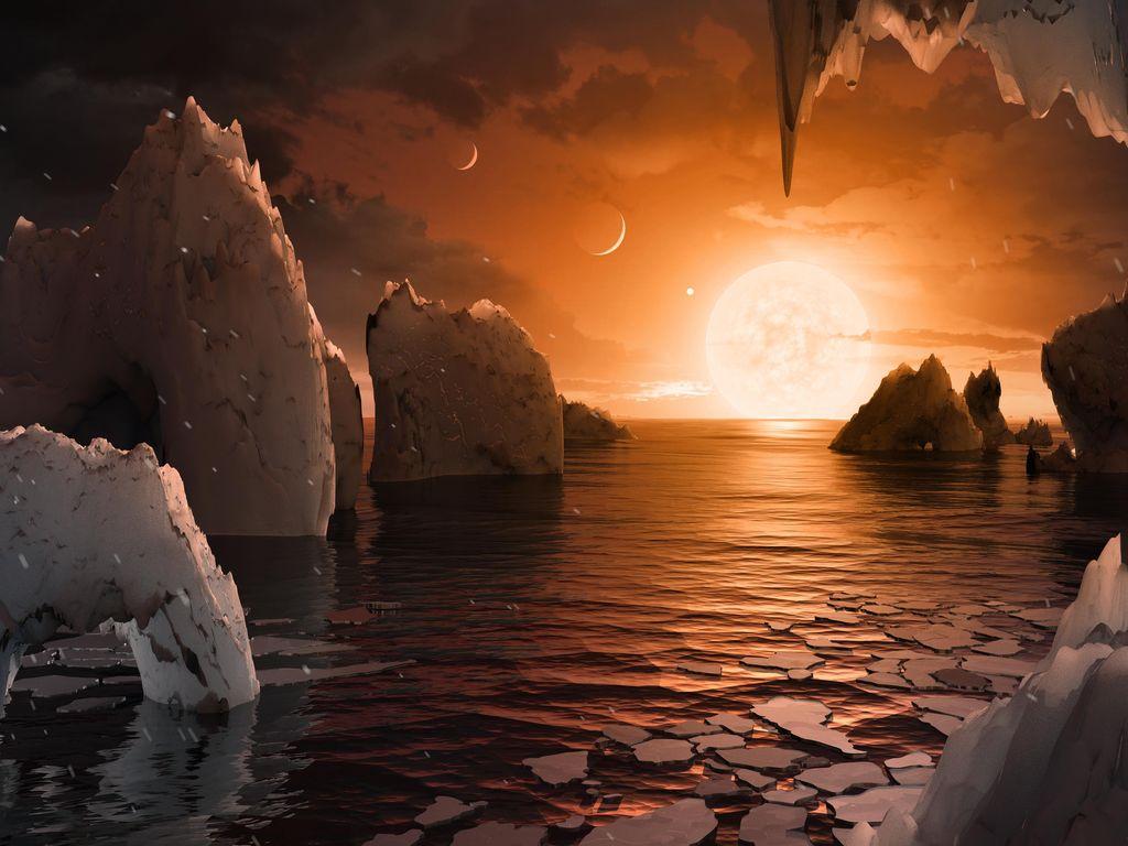 An artist’s rendering of the surface of exoplanet TRAPPIST-1. 