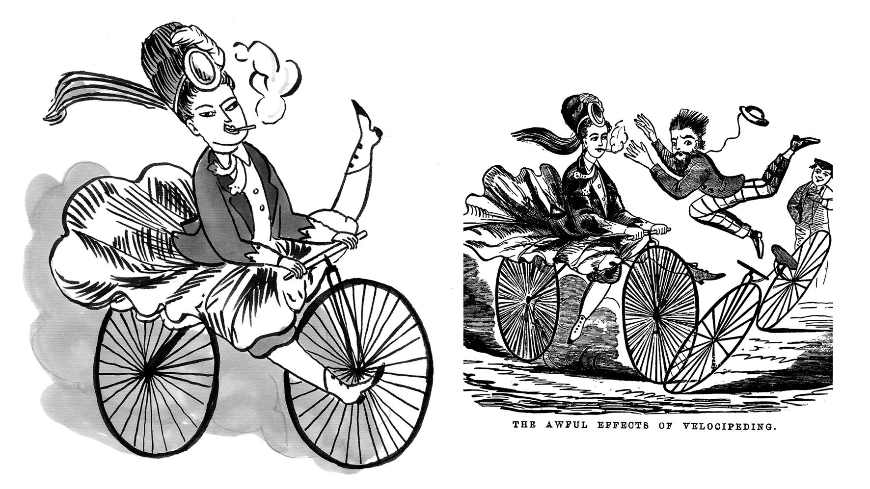 A woman on a bicycle speeds toward a man.