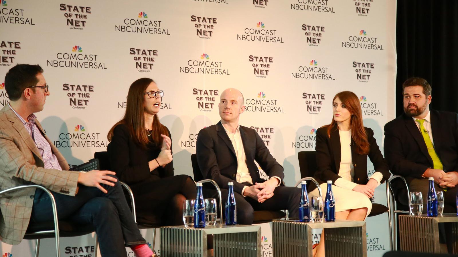 A group of panelists address an audience at the State of the Net Conference in January. The panel consists of (from left to right) Jason Kaplan, Hilary Swab Gawrilow, James Cross, Mercina Tillmann-Dick and Justin Herman. 
