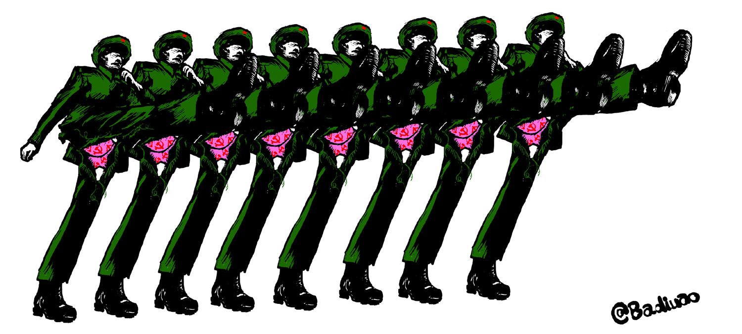 Badiucao's political cartoon titled, "Parade." It depicts soldiers high-stepping in formation and exposing their pink underwear. (September 2nd, 2015.)