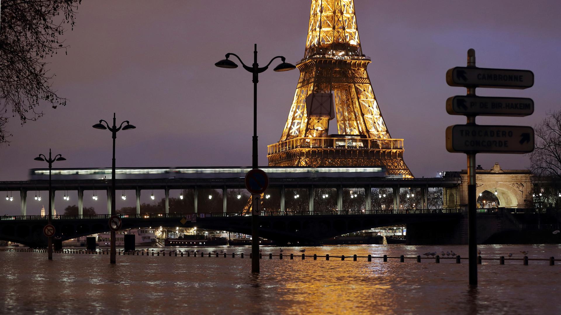 A view shows the flooded banks of the Seine River and the Eiffel Tower.