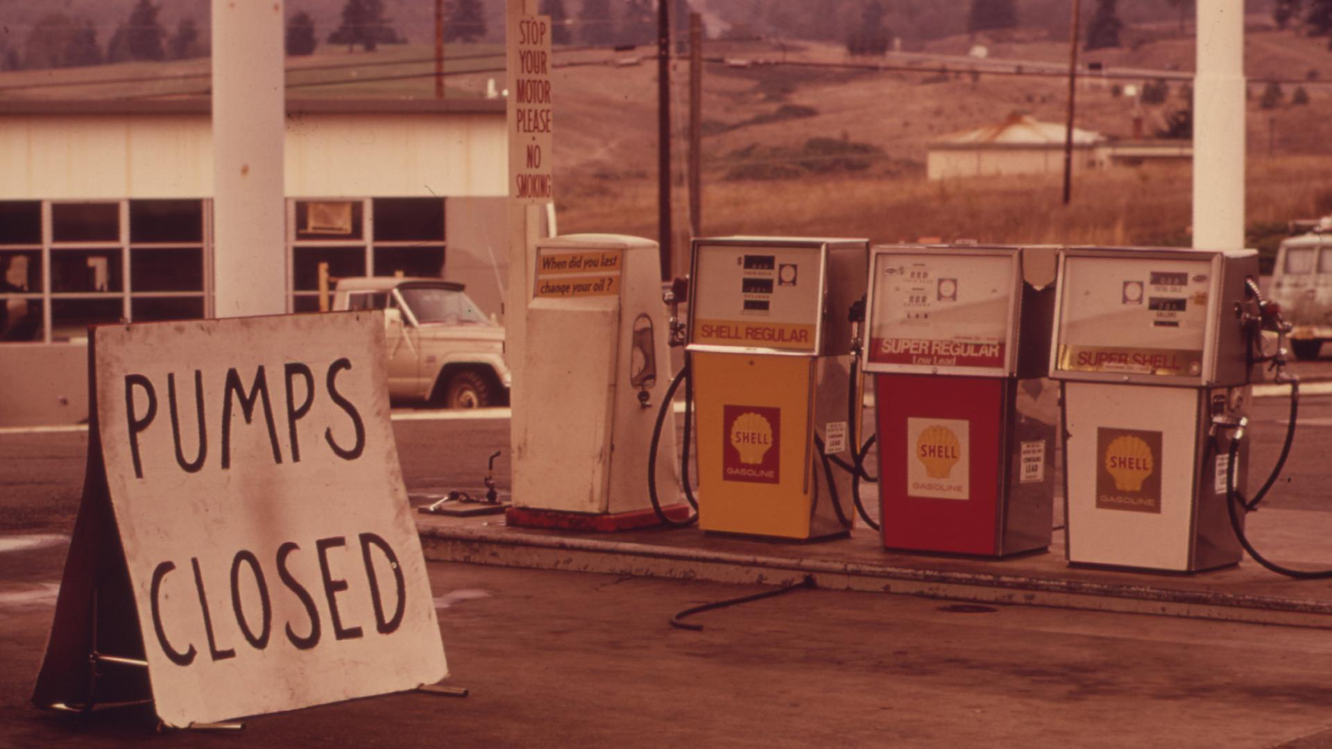 Gasoline shortages prompted by the Arab Oil Embargo hit this station near Interstate 5 in Oregon in October, 1973. The embargo roiled the US economy through the winter of 1973-74, before it was lifted on March 17, 1974.