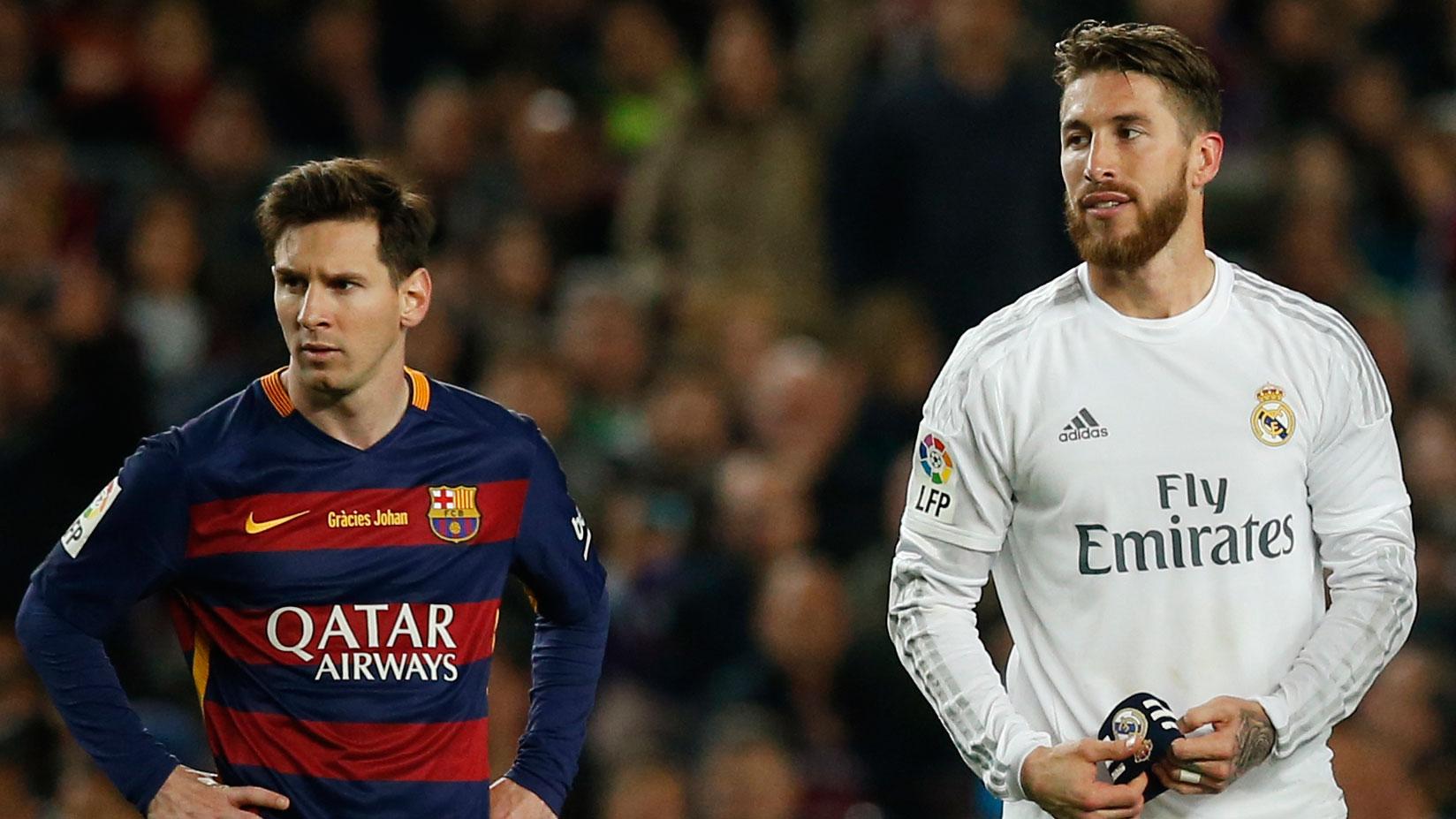 Barcelona's Lionel Messi (L) and Real Madrid's Sergio Ramos.