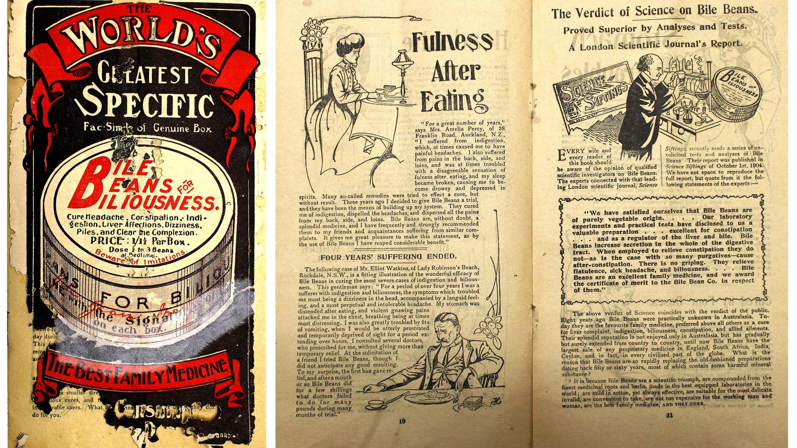 In 1908, New Zealand Parliament passed the Prevention of Quackery Act to defend against claims such as the one featured in this leaflet: "bile beans" that claimed to cure a vareity of ailments, including indigestion, headaches, pimples and sleeplessness.