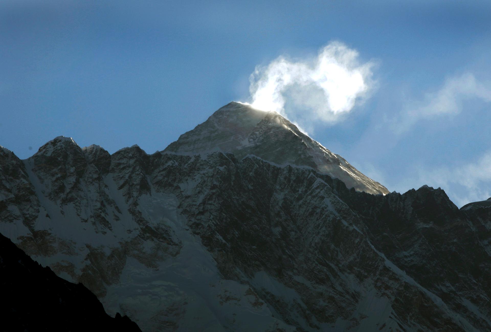 Mt. Everest, the world's highest mountain, is seen from the viewing point at Lukla in northern Nepal.