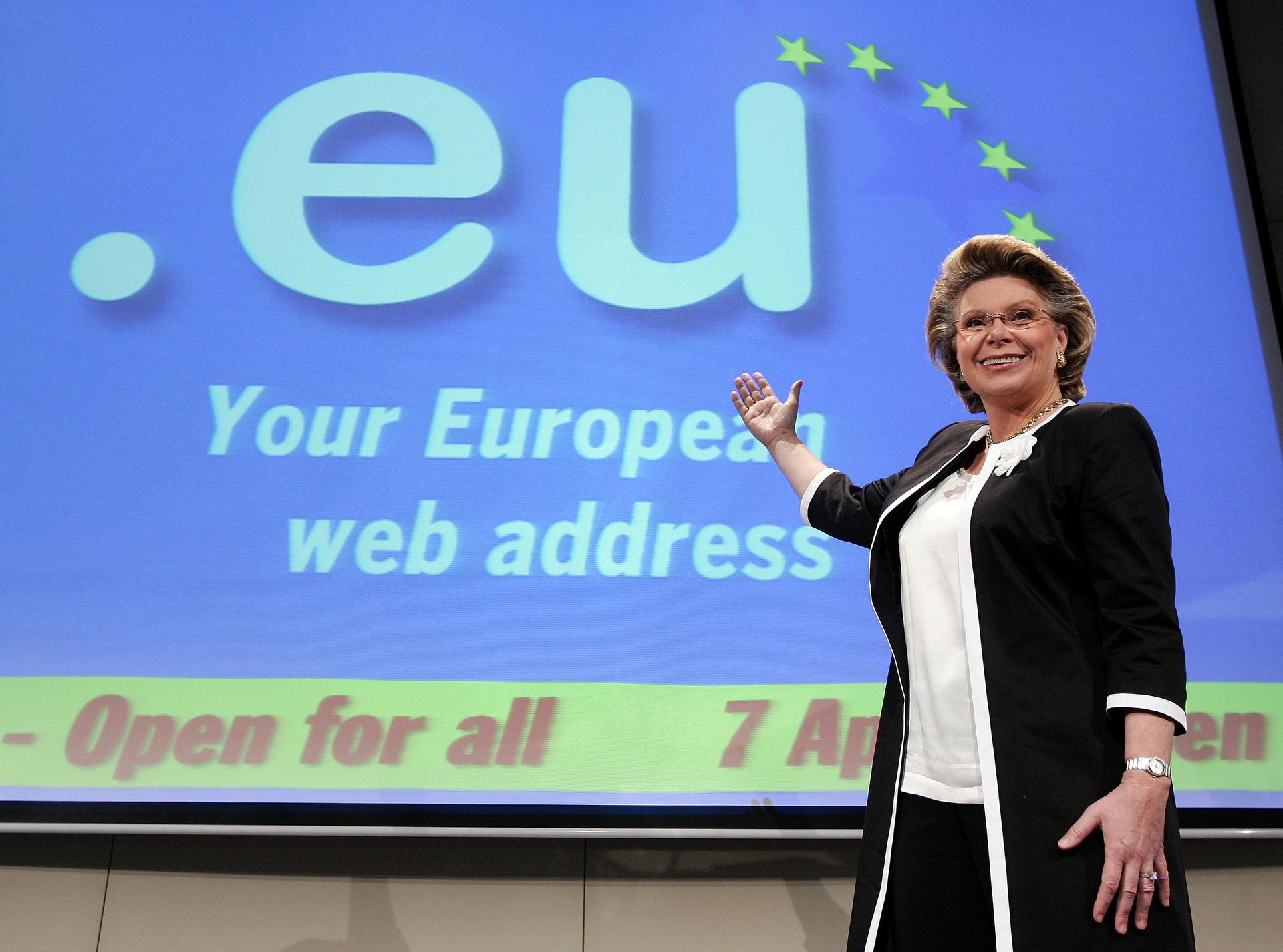 European Information Society and Media Commissioner Viviane Reding pauses at the end of a news conference in Brussels April 7, 2006, after the launch of the .eu domain names for all citizens.