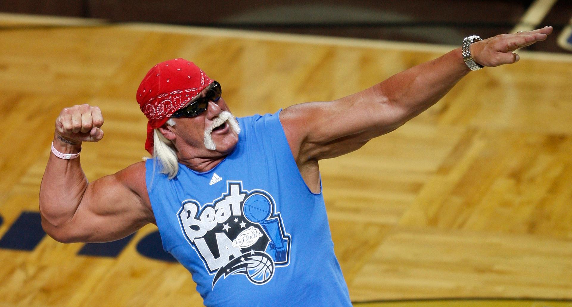 Wrestler Hulk Hogan rallies the crowd during Game 4 of the 2009 NBA Finals.