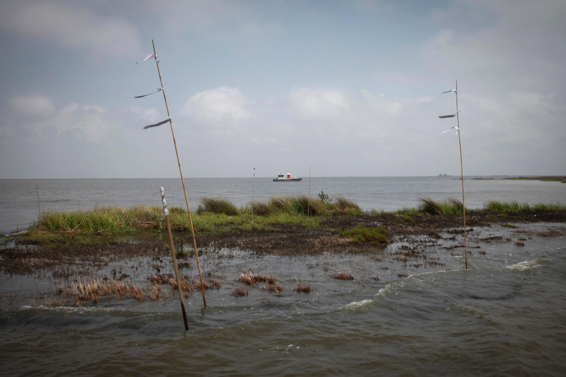 A work boat passes an oiled marshland one year after the Deepwater Horizon oil spill in Bay Jimmy near Myrtle Grove, Louisiana.