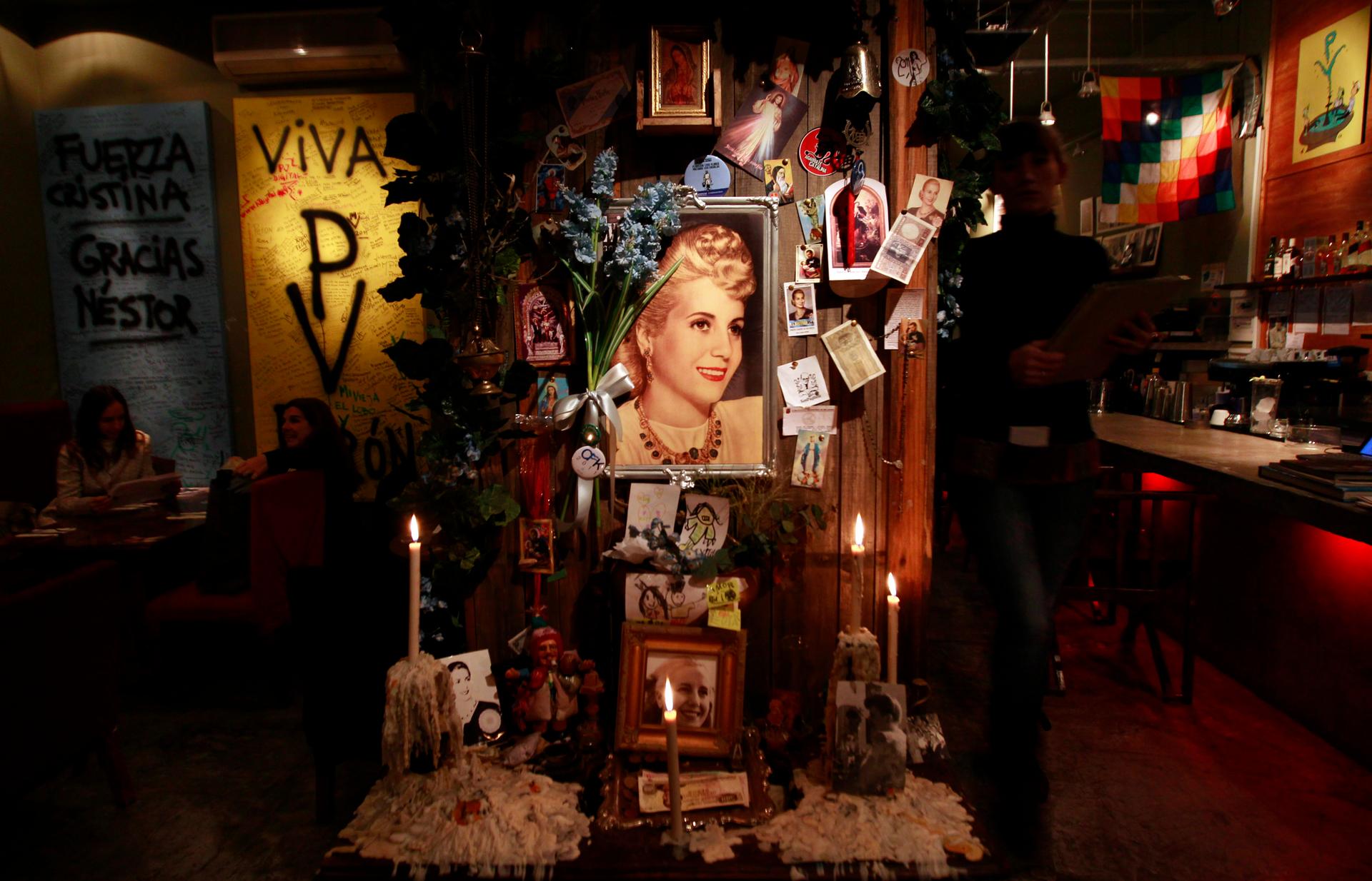 A shrine for Eva Peron, wife of former Argentine President Juan Peron, is seen at the Peron, Peron restaurant in Buenos Aires, May 19, 2011.
