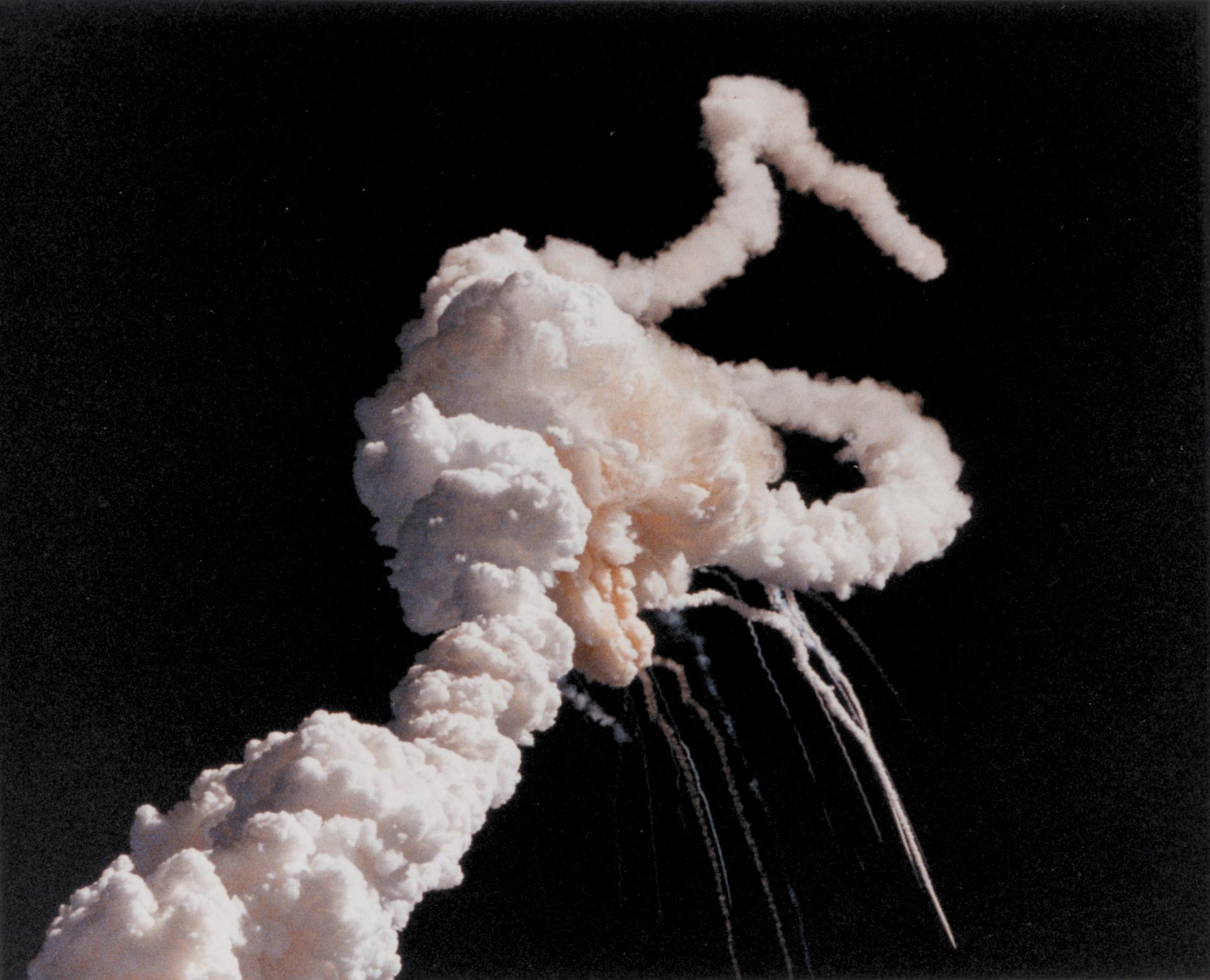 The Space Shuttle Challenger and her seven-member crew were lost when a ruptured O-ring in the right Solid Rocket Booster caused an explosion soon after launch from the Kennedy Space Center in this NASA handout photo dated January 28, 1986.