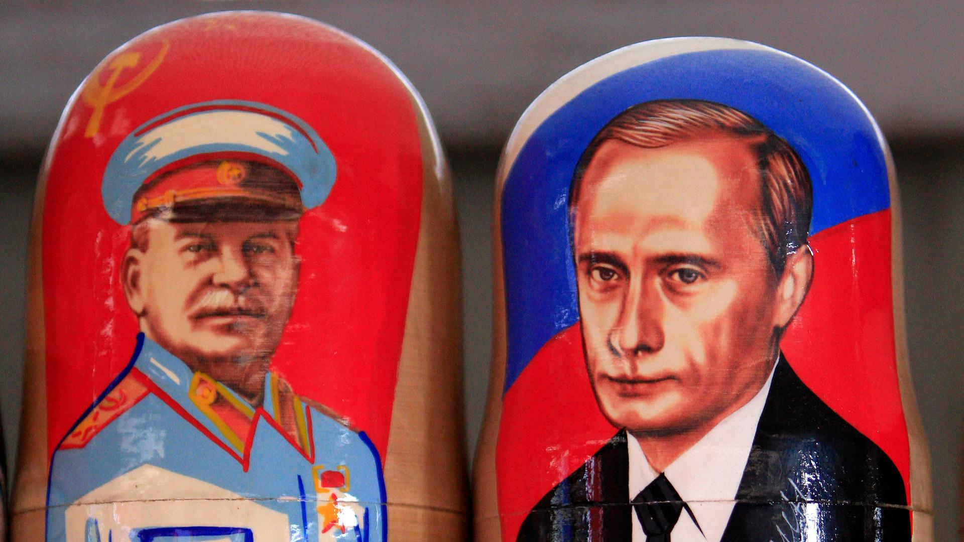 Traditional Matryoshka dolls or Russian nesting dolls bearing the faces of Russia's president elect and current Prime Minister Vladimir Putin and former Soviet dictator Josef Stalin are seen in a souvenir shop in Kiev March 5, 2012. 