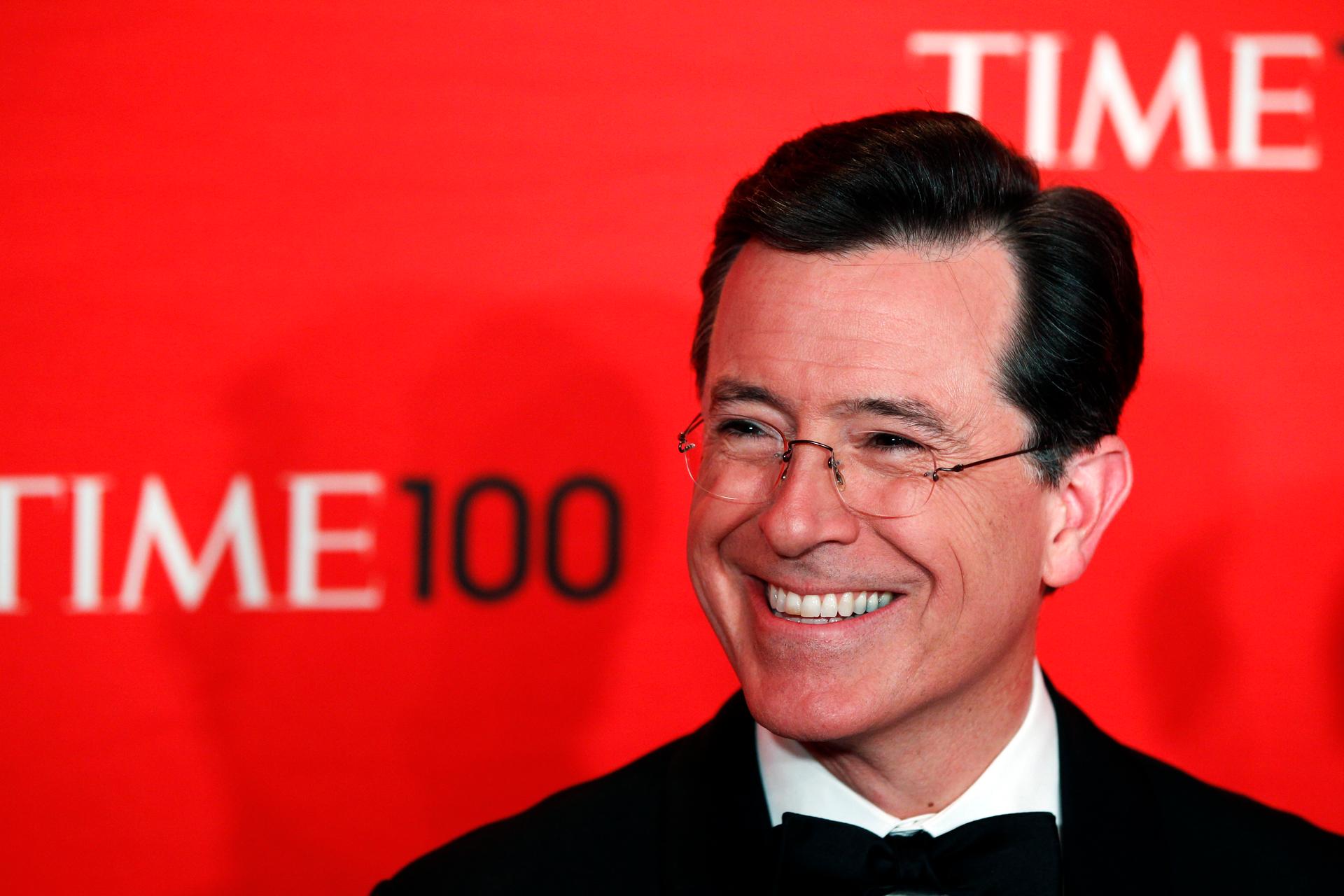 Comedian Stephen Colbert arrives to be honored at the Time 100 Gala in New York, on April 24, 2012.