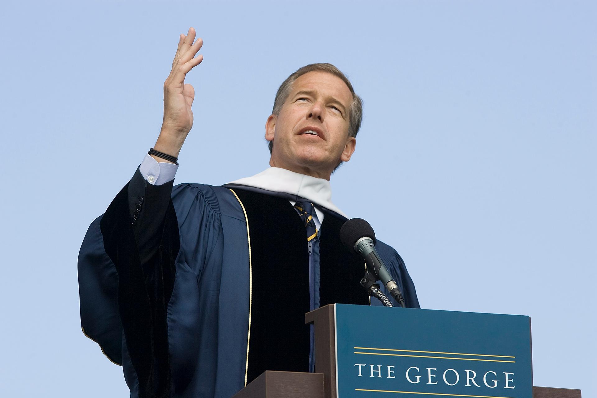 NBC News anchor Brian Williams delivers remarks after receiving an honorary doctorate at George Washington University in 2012.