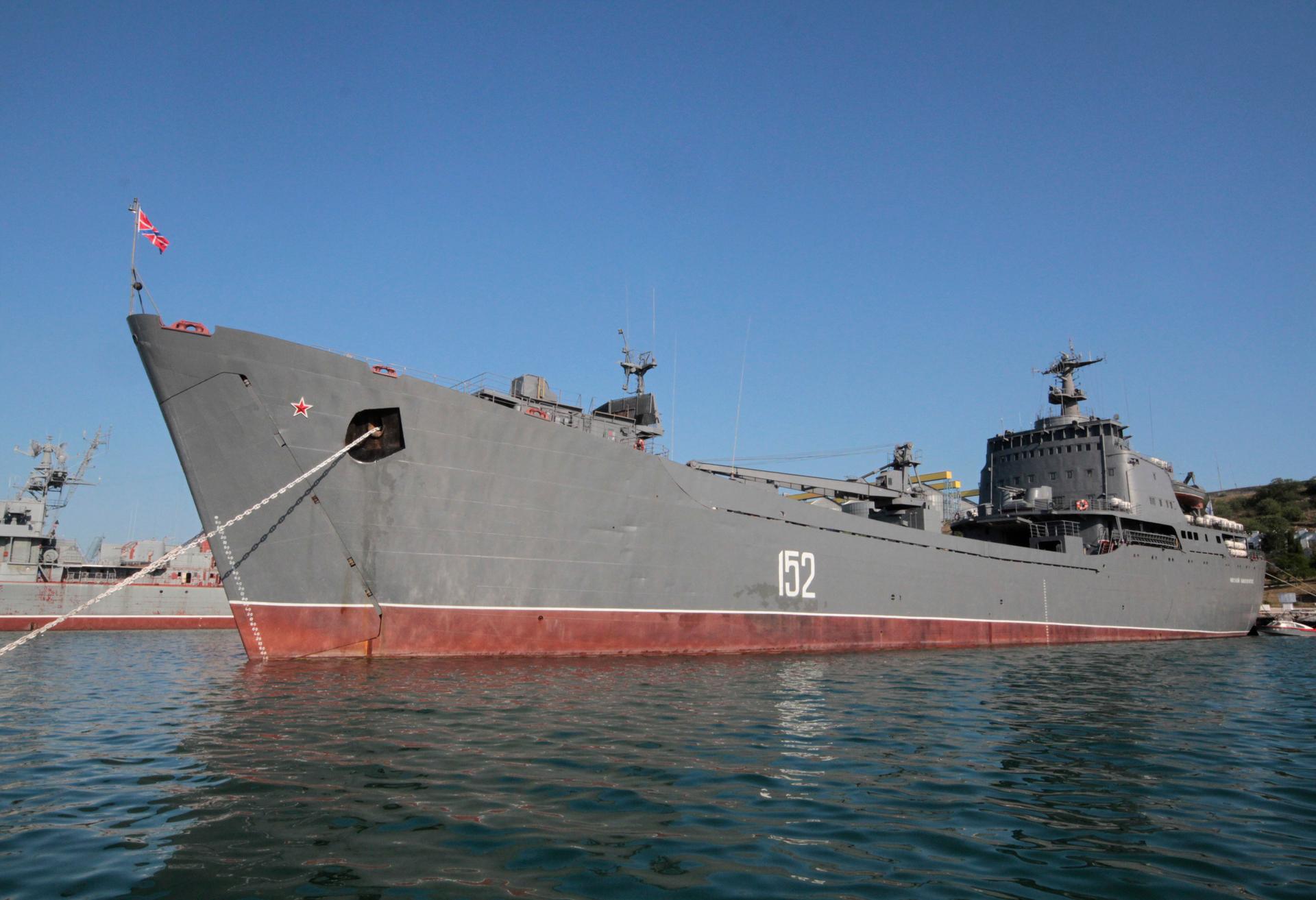 Russian Navy amphibious landing vessel "Nikolai Filchenkov" is docked at the Ukrainian Black Sea port of Sevastopol, June 19, 2012. The vessel is in the state of instant readiness for departure on a mission to the Syrian port of Tartus.