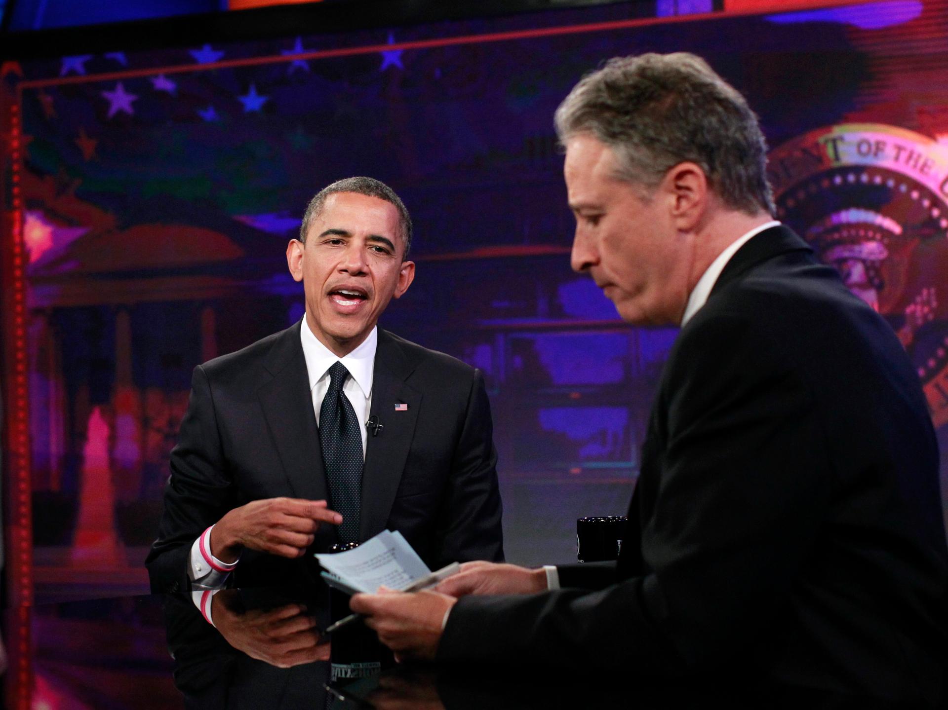 Jon Stewart interviews President Barack Obama in 2012.