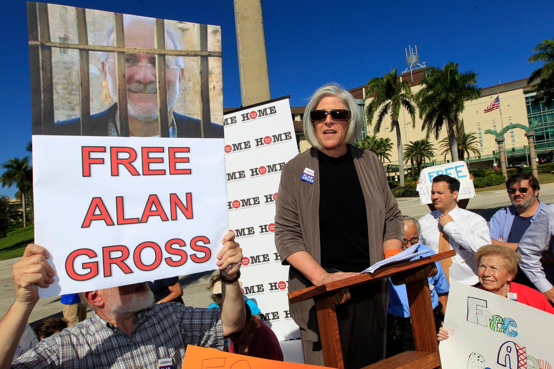 Judy Gross the wife of a U.S. contractor jailed in Cuba for crimes against the state, speaks at a rally for her husband's release in Florida.