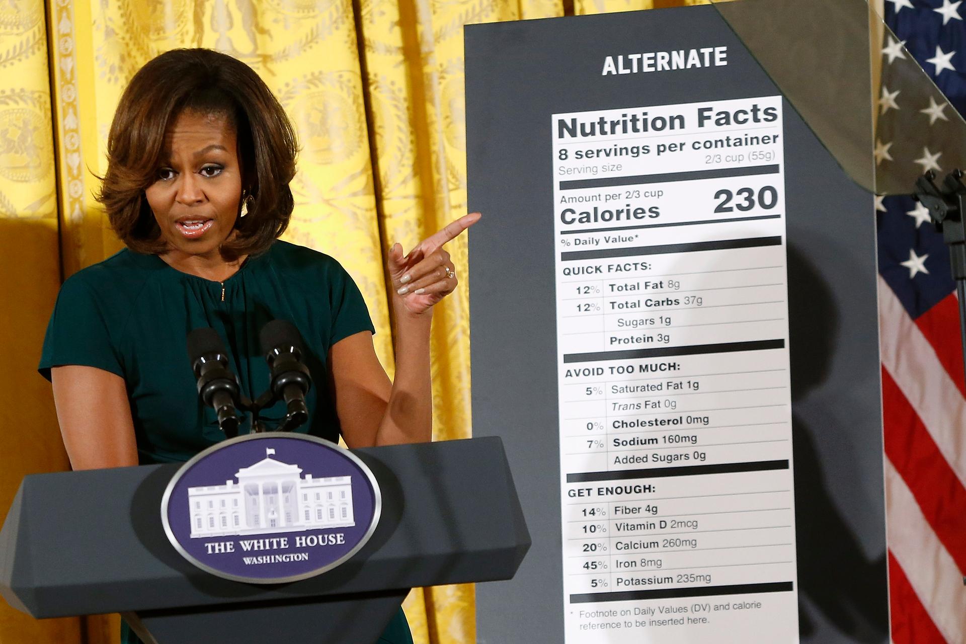 First Lady Michelle Obama unveils proposed updates to nutrition labels during remarks in the East Room of the White House on February 27, 2014. 
