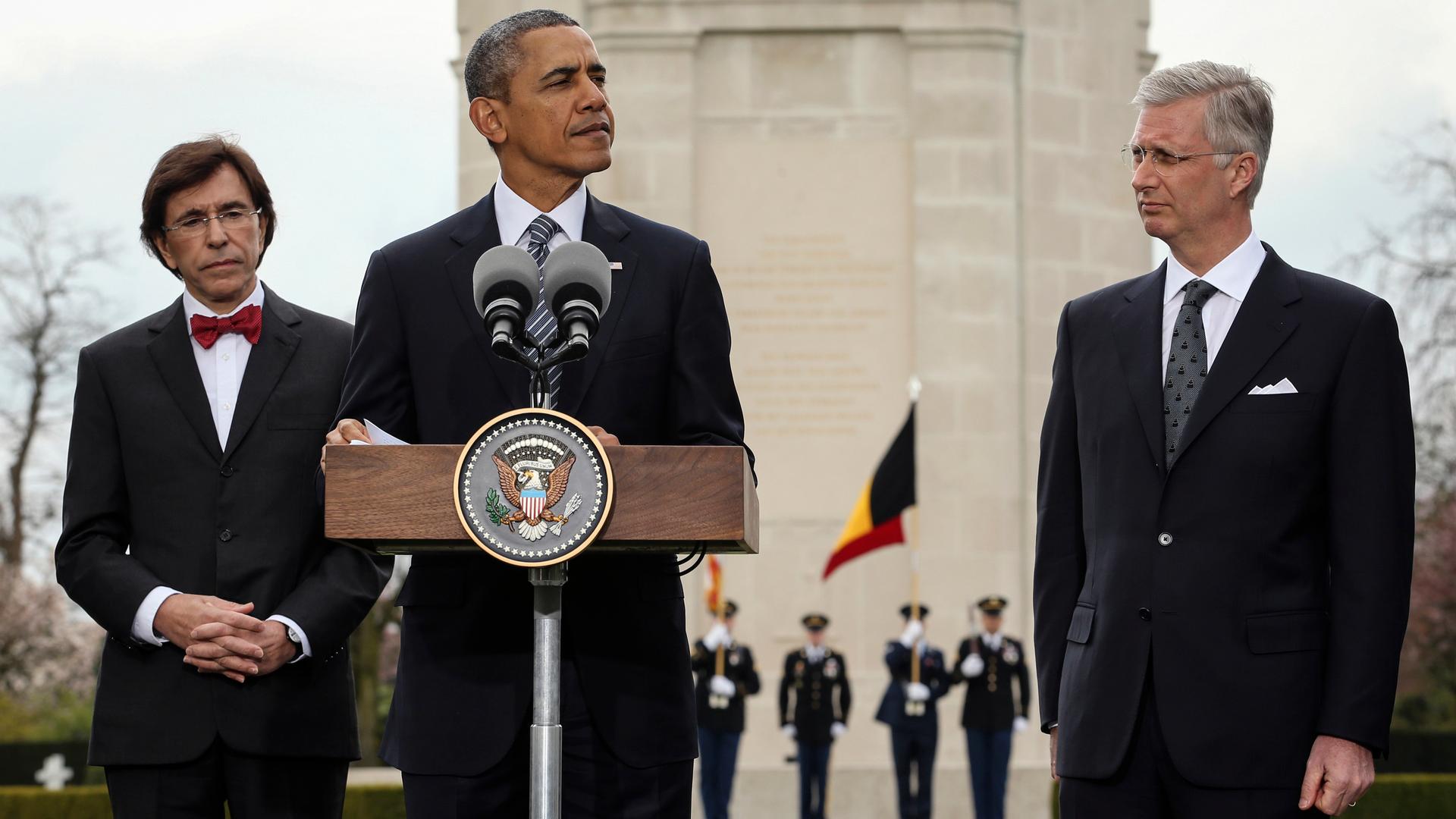 President Obama reminded Europeans Wednesday that "freedom isn't free,"  while visiting a US World War One Cemetery in Waregem, Belgium. He is flanked by Belgium's King Philippe (R) and Belgium's Prime Minister Elio Di Rupo.