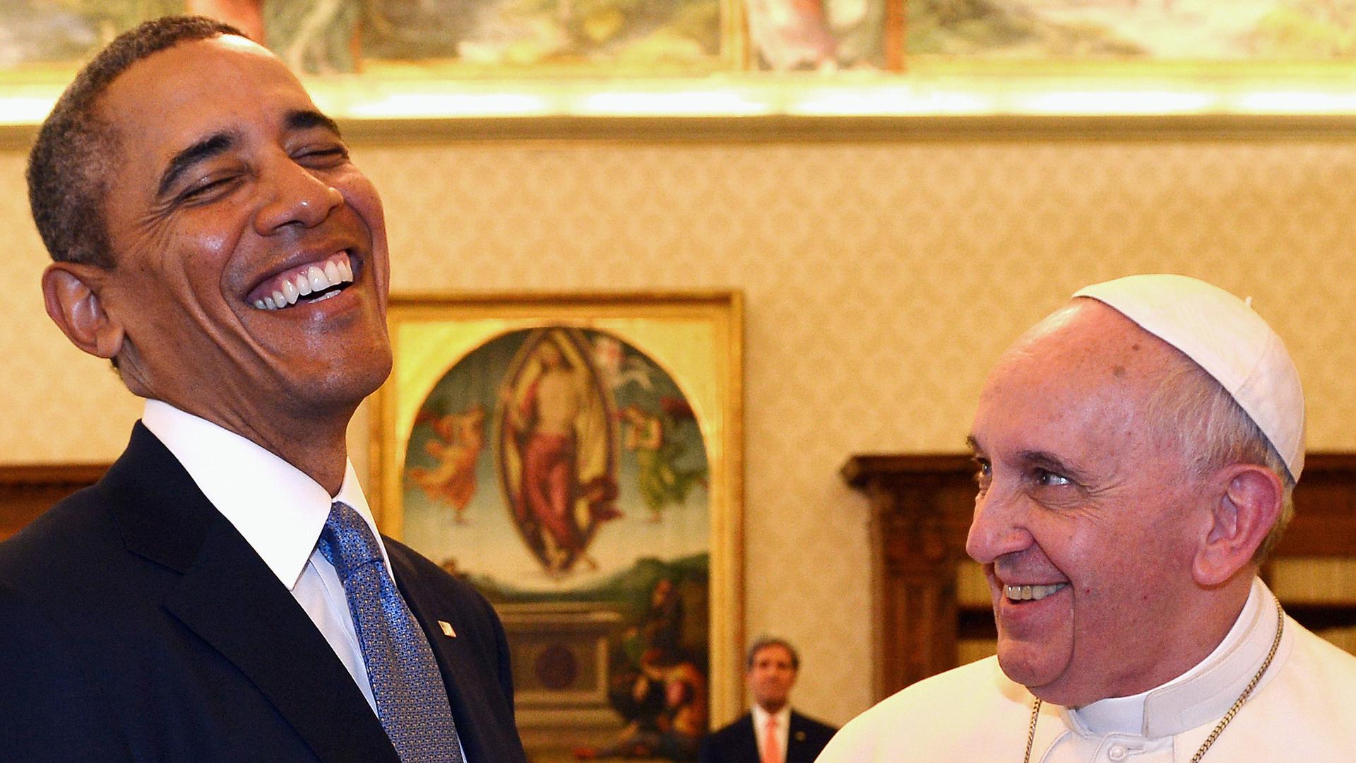 Pope Francis and President Barack Obama enjoying each other's company during their meeting Thursday in the Vatican.