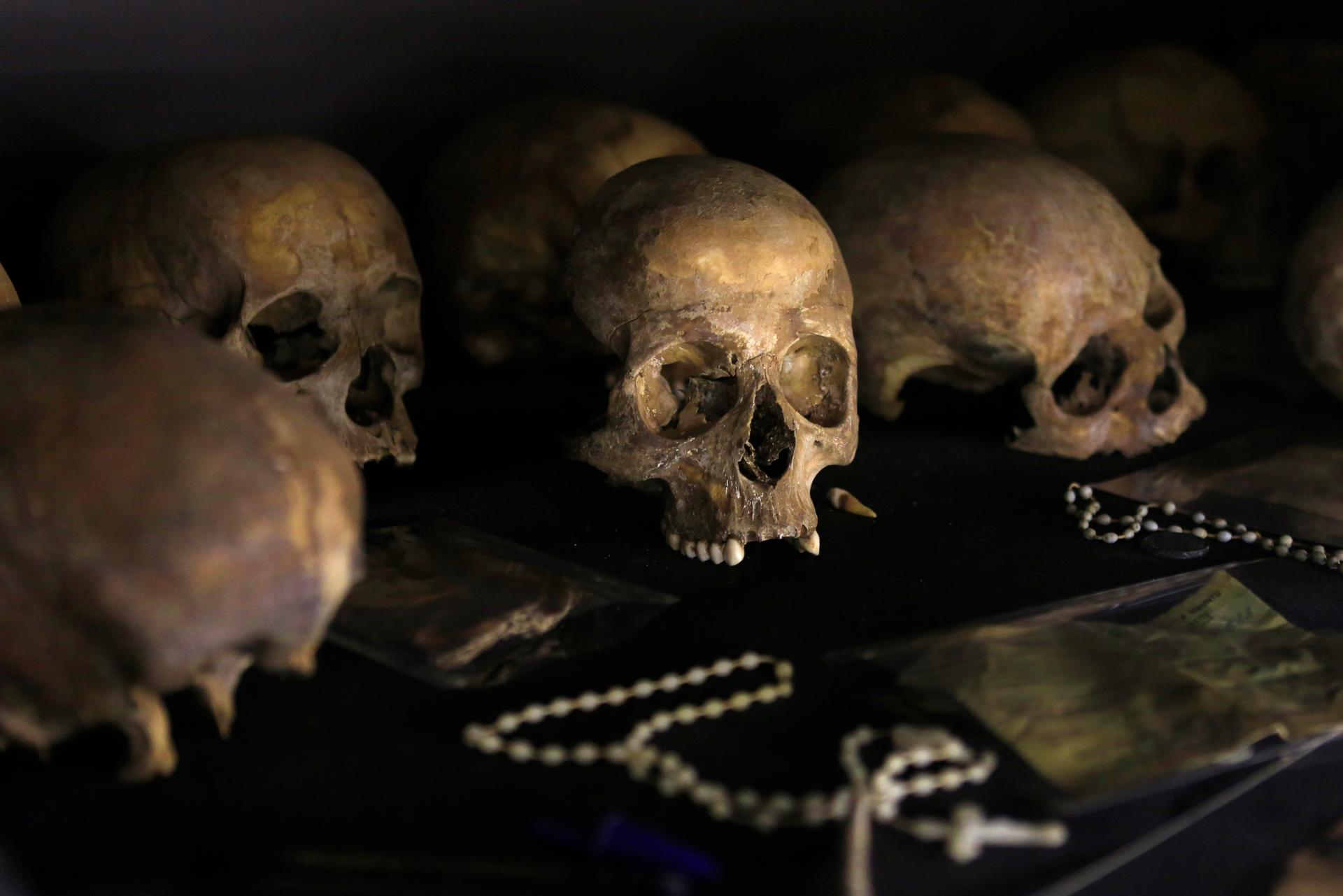 Preserved human skulls are seen on display at the Kigali Genocide Memorial Centre in Kigali, Rwanda.