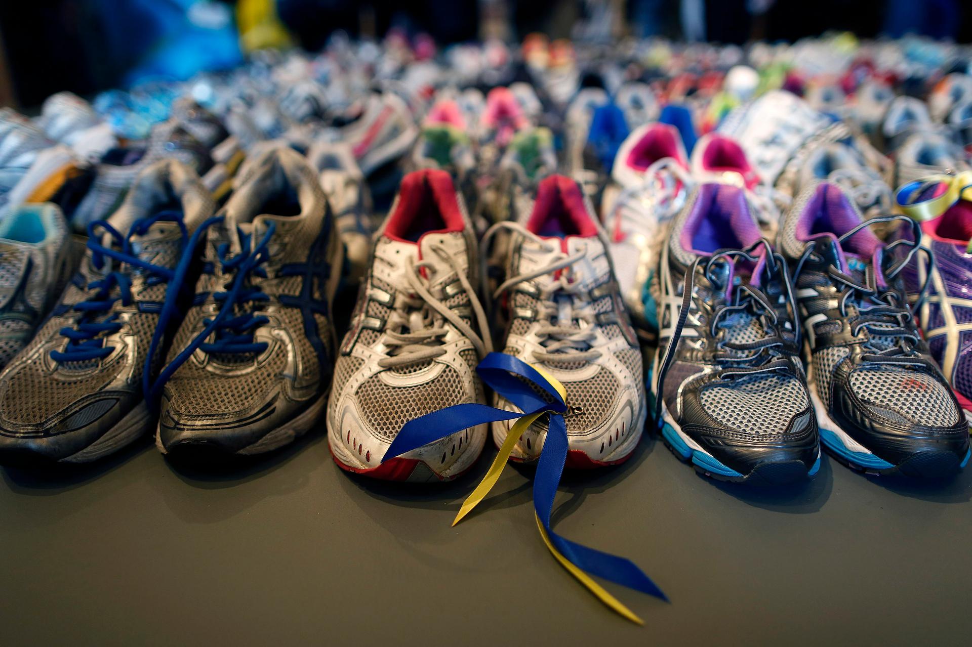Boston Marathon memorial of runners shoes