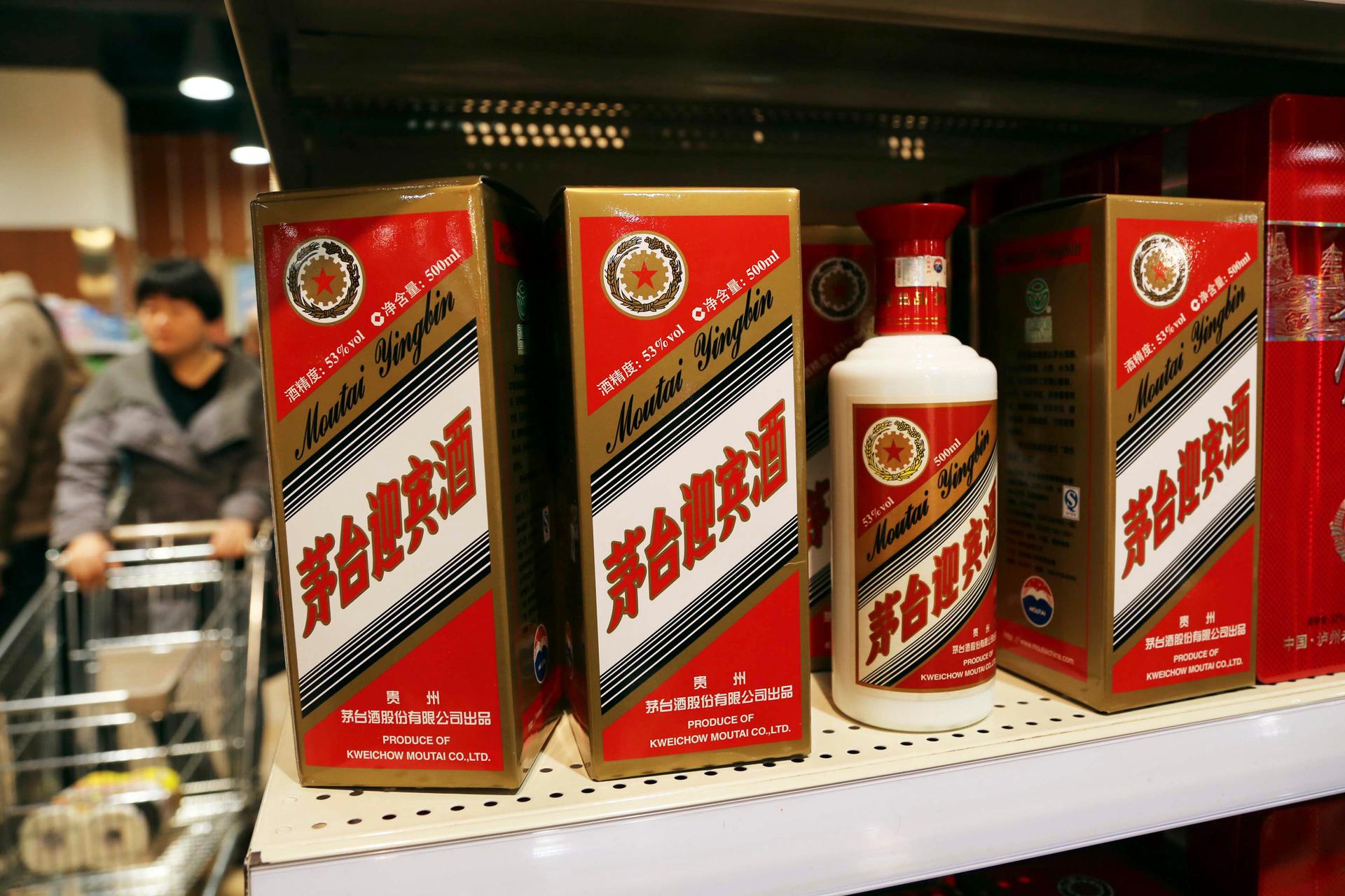 Bottles of Moutai baijiu on sale at a supermarket in Xuchang, China. Baijiu is a popular Chinese liquor distilled from fermented sorghum and rice.