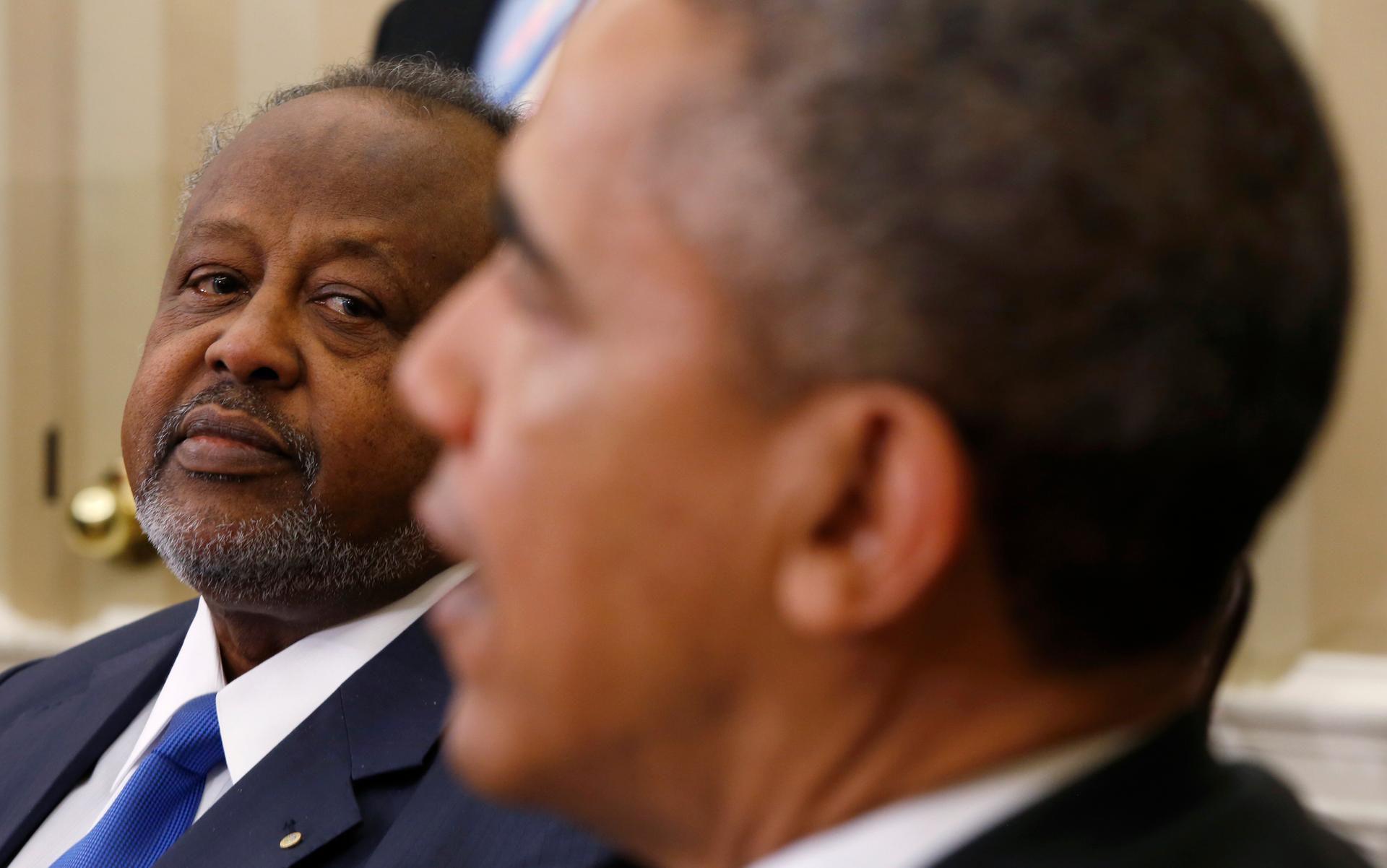 U.S. President Barack Obama meets with President Ismaïl Omar Guelleh of Djibouti on May 5, 2014. Some Djiboutians say American ties to their country are holding back democratization.