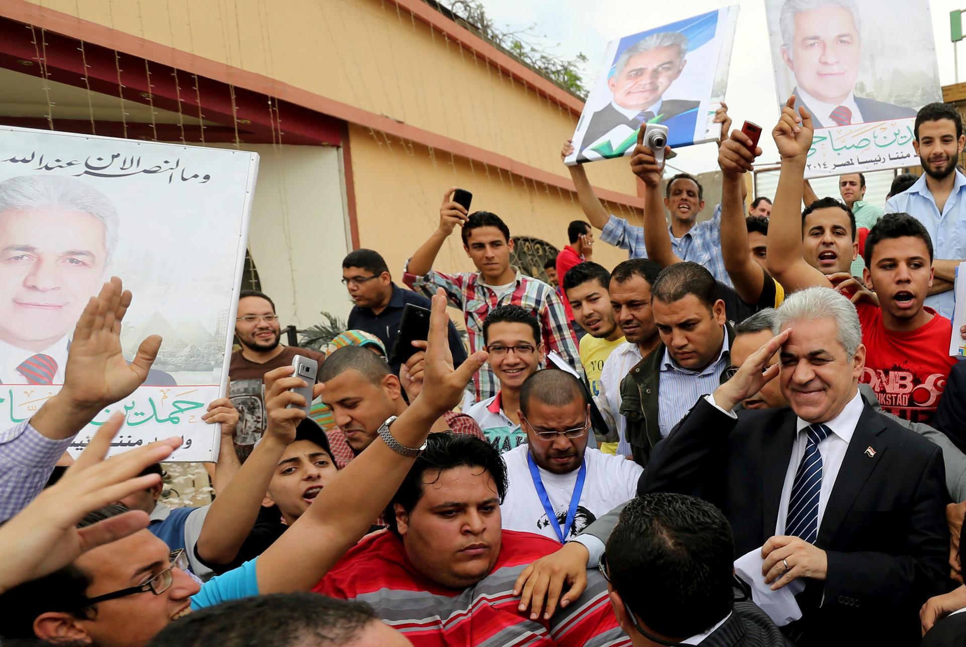 Egypt's leftist presidential candidate Hamdeen Sabahi (center) gestures before a rally in Banha, northwest of Cairo. Egyptians will vote in presidential elections on May 26 and 27.