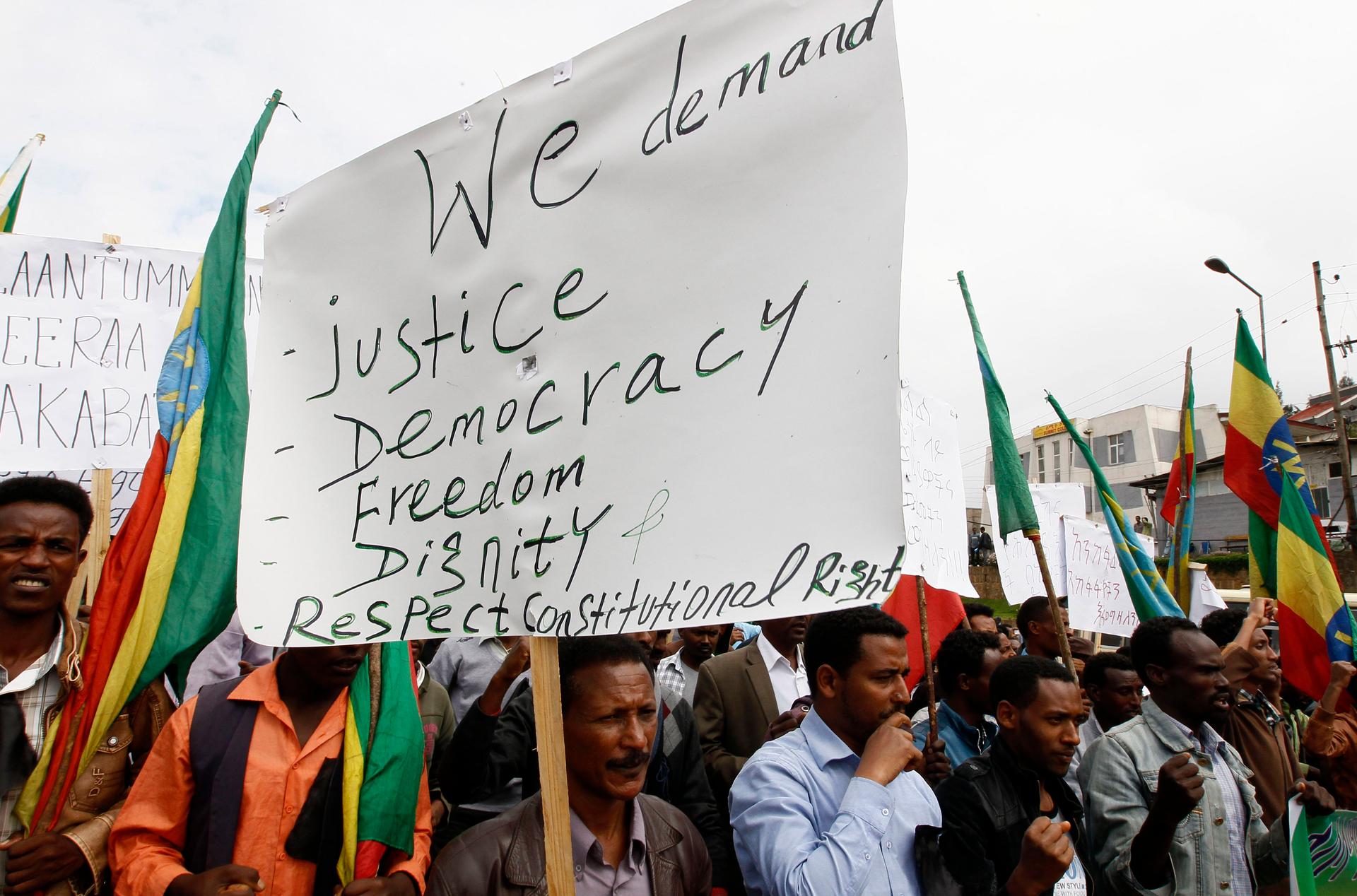 People attend a demonstration organized by opposition party the Ethiopian Federal Democratic Unity Forum in Ethiopia's capital of Addis Ababa, May 24, 2014.
