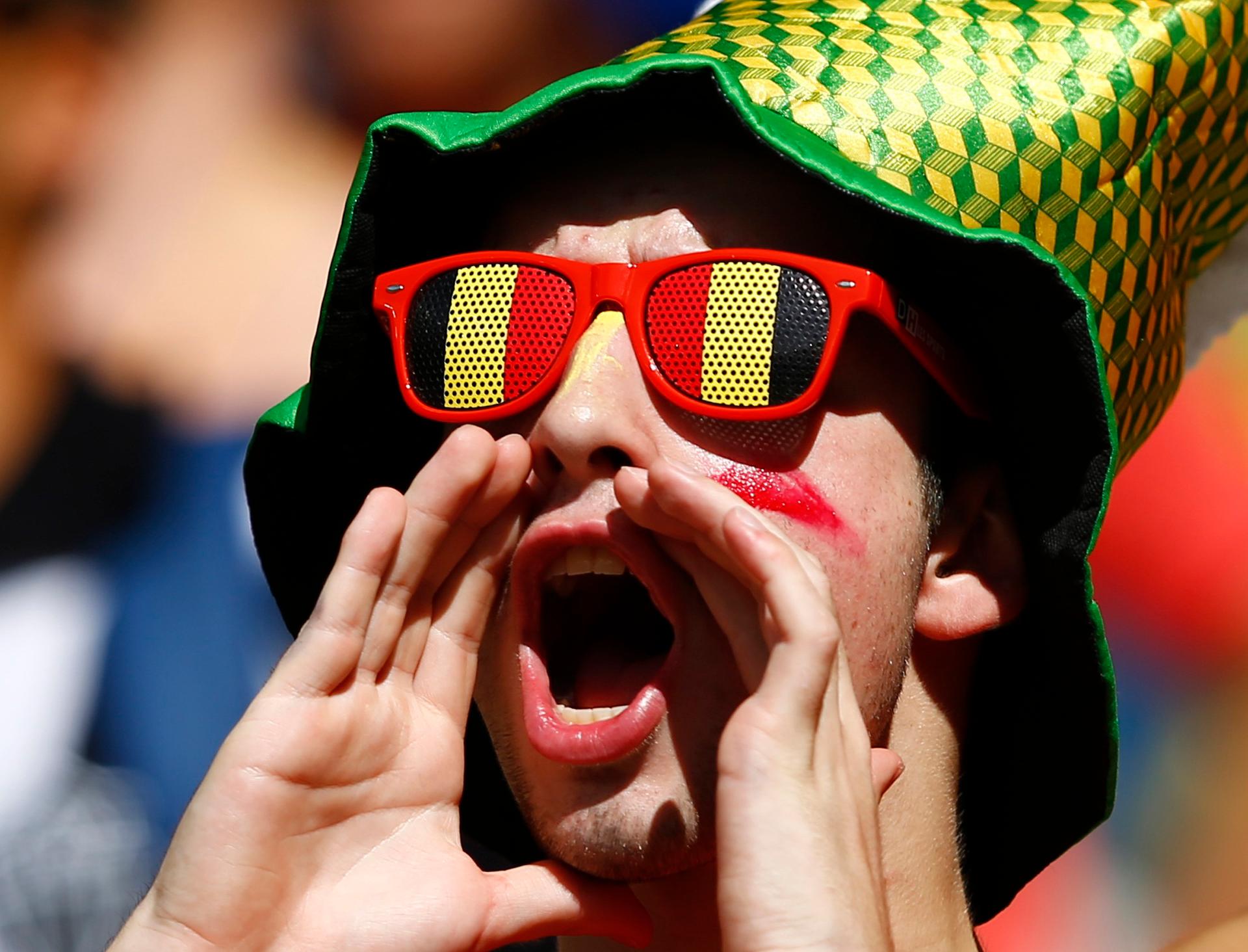 A Belgium fan shouts before the 2014 World Cup Group H soccer match between Belgium and Algeria at the Mineirao stadium in Belo Horizonte