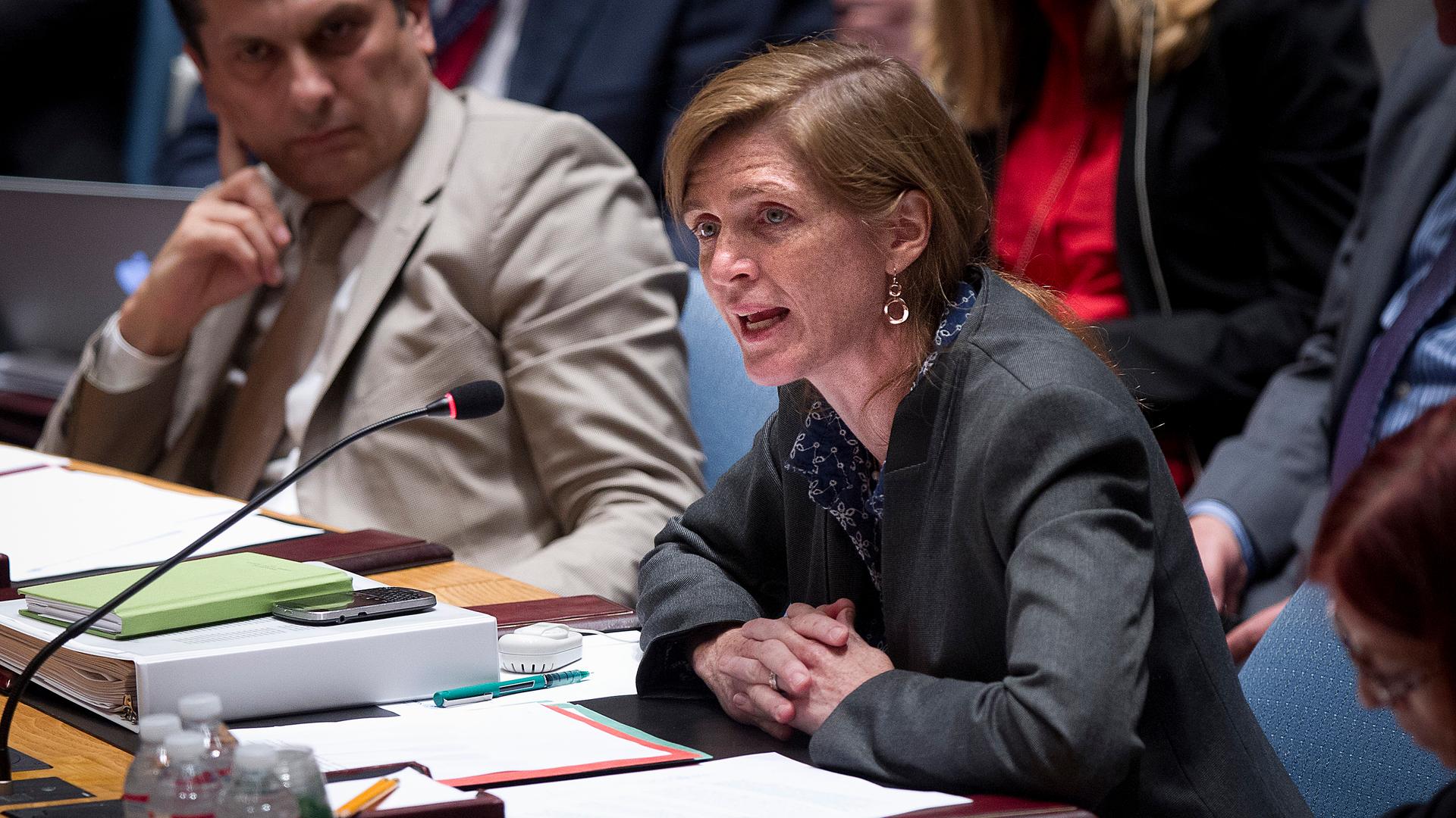 US Ambassador to the UN Samantha Power reads a statement following a United Nations Security Council vote on a resolution about the ongoing crisis in Iraq on August 15, 2014.