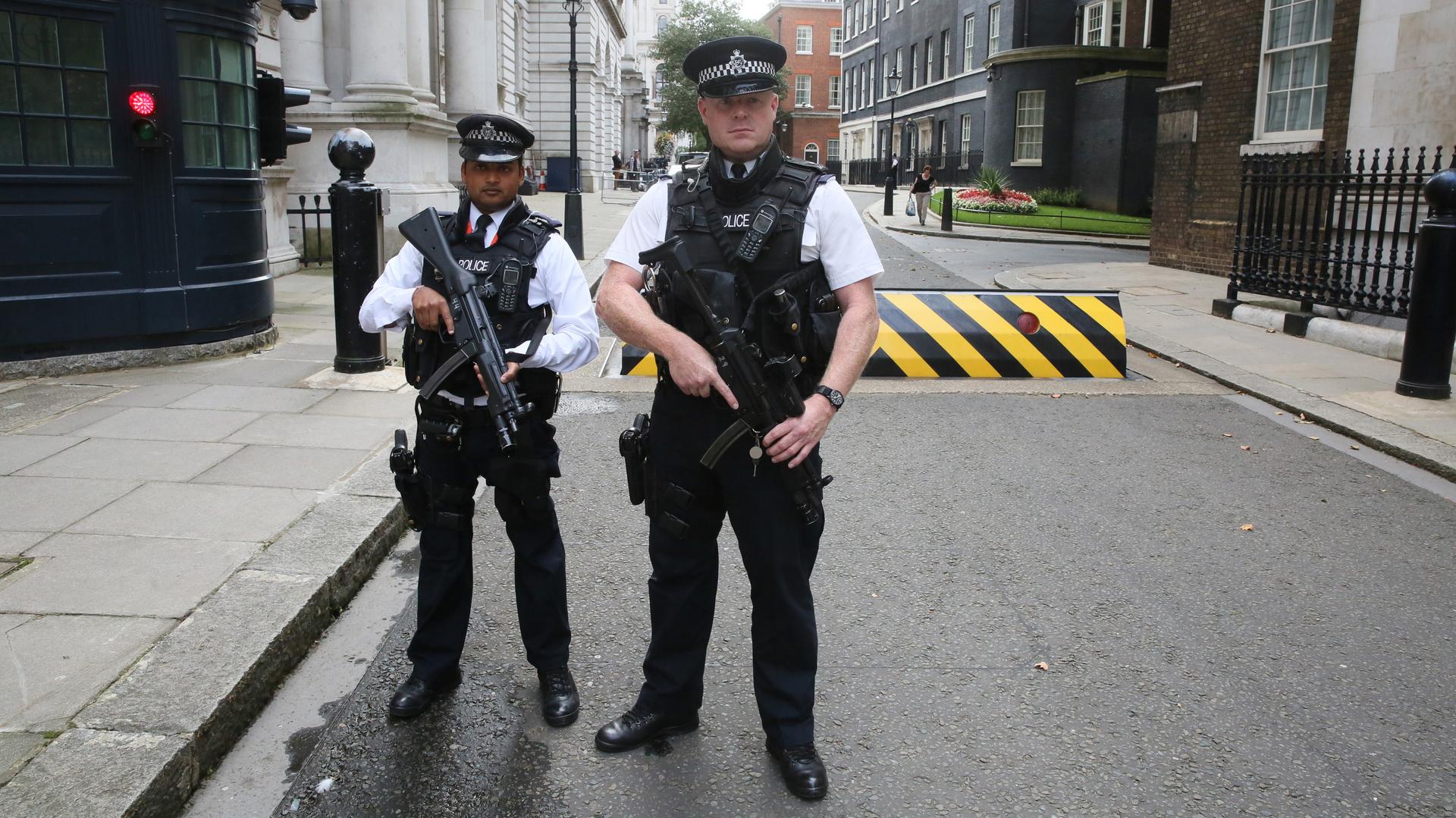 Armed police officers pose for the media on Downing Street, in central London, on August 29, 2014.