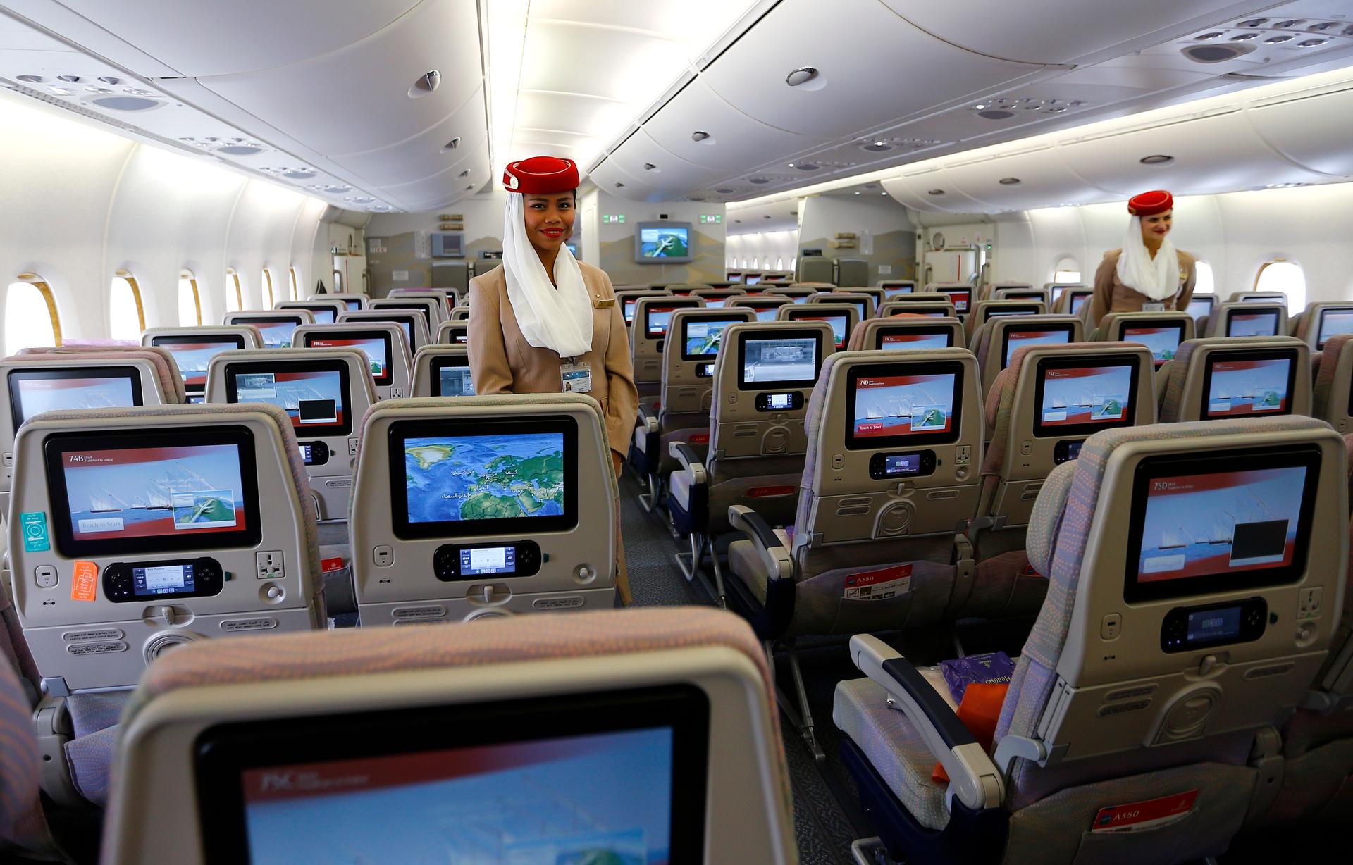 Economy class seats are pictured inside an Emirates Airbus A380.