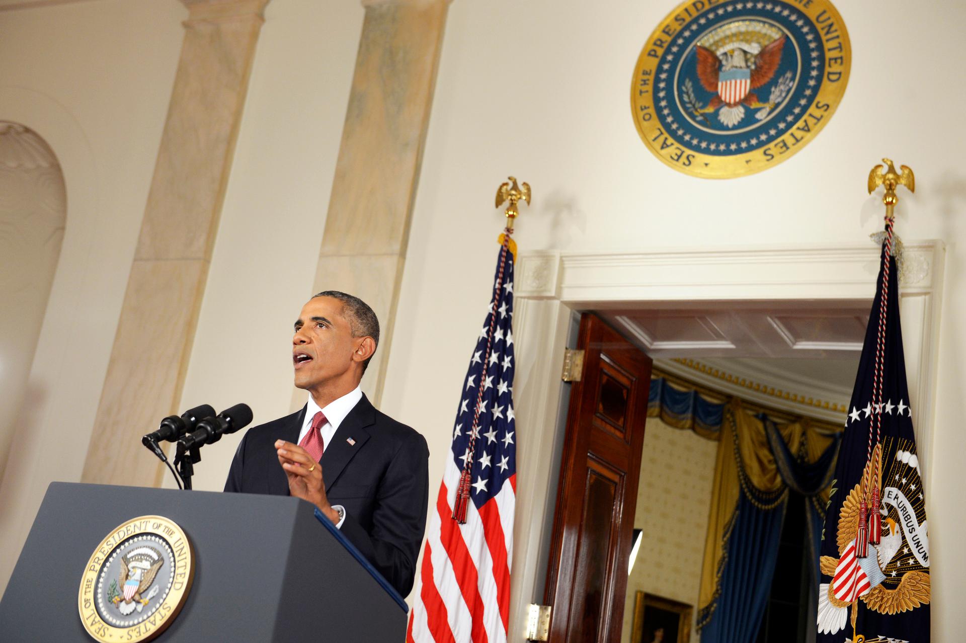 President Barack Obama delivering his address to the nation, Wednesday, on his plans for military action against the Islamic State, from the Cross Hall of the White House.