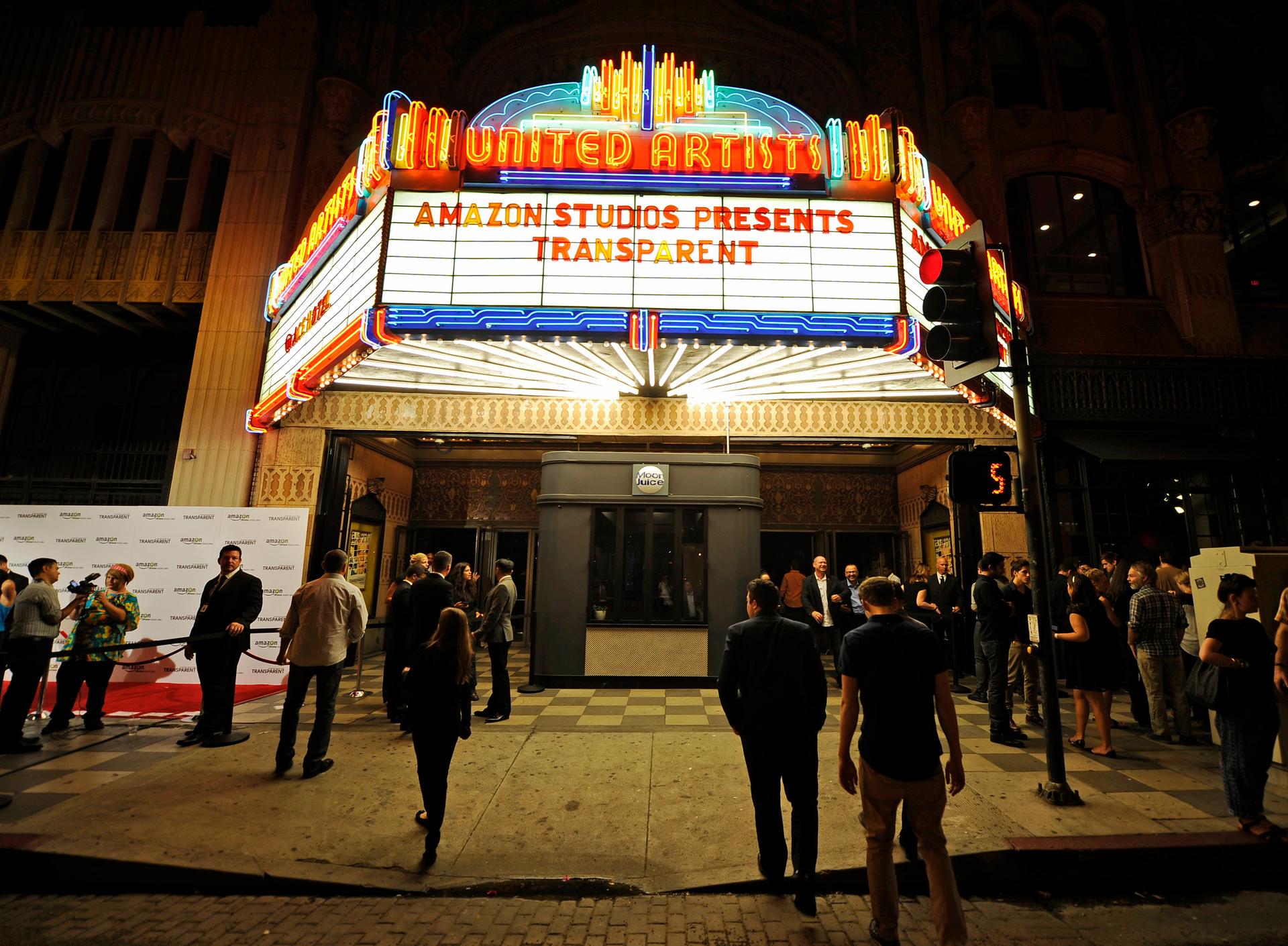 The marquee of United Artists Theater during Amazon's premiere screening of the TV series "Transparent" in Los Angeles, California on September 15, 2014.