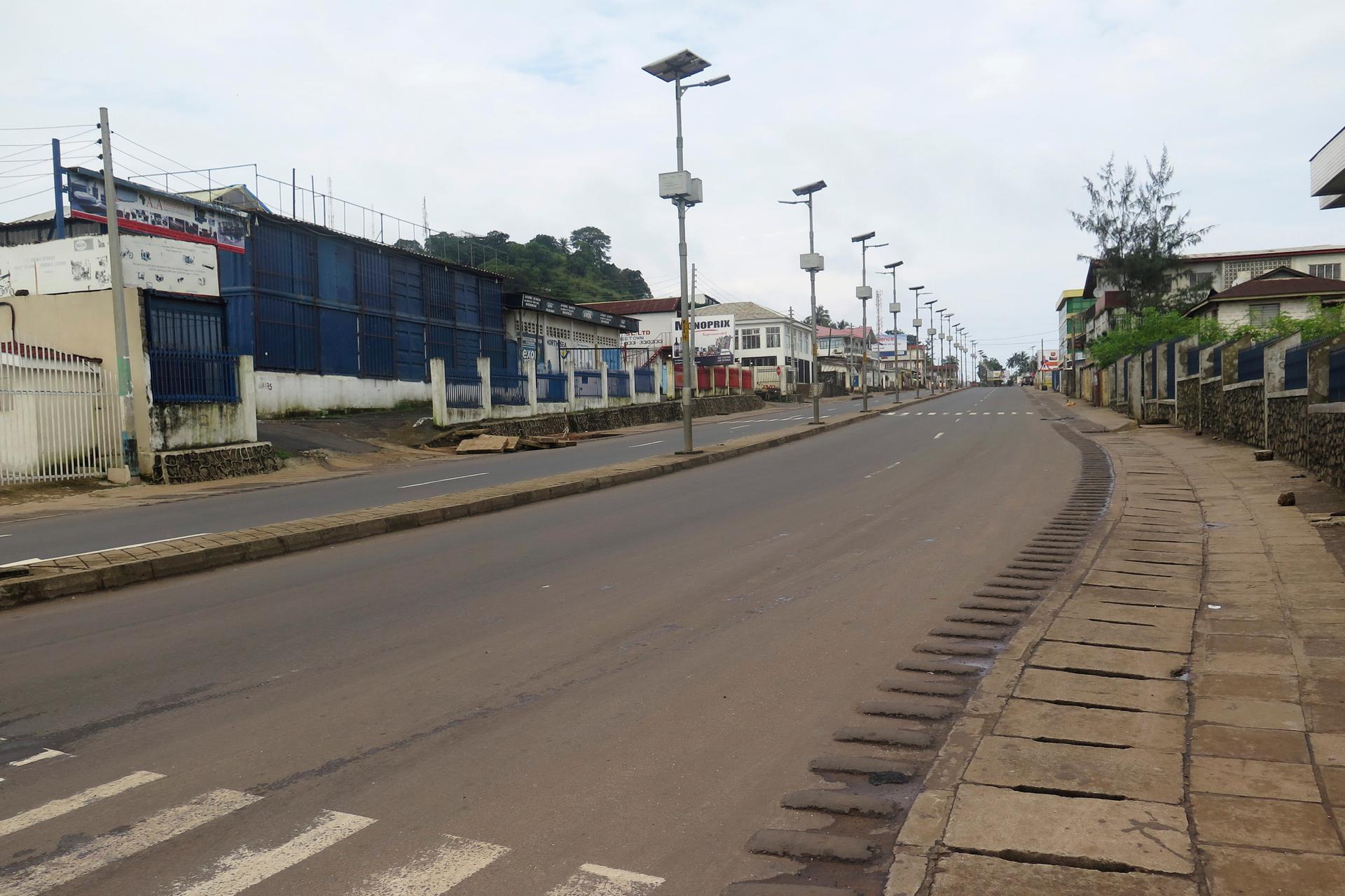 An empty street at the start of a three-day national lockdown in Freetown, Sierra Leone, on September 19, 2014. Curfews were imposed in an effort to halt the spread of the Ebola virus.