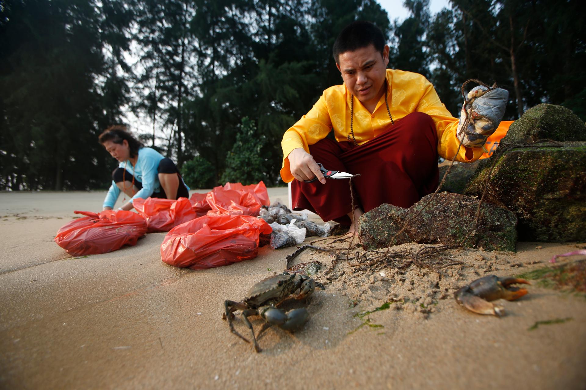 Tibetan Buddhists believe that during lunar and solar eclipses, the effects of one's good or bad deeds are multiplied several-fold. Here, a Tibetan Buddhist monk releases crabs into the sea ahead of a total lunar eclipse in Singapore on October 8, 2014. O