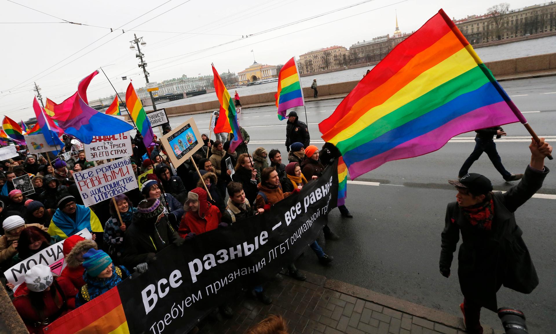 St.Petersburg, RussiaGay activists take part in a protest event called "March against Hatred" in St. Petersburg November 2, 2014. The activists are marching in opposition towards the aggressive Russian government policy due to the war in Ukraine. (RUSSIA 