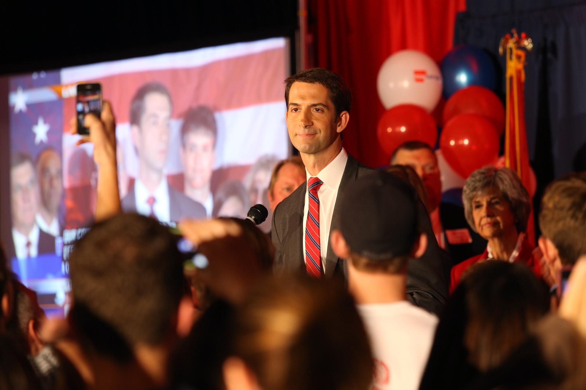 Republican Senator Tom Cotton speaks at his election victory party on November 4, 2014. The freshman senator from Arkansas is emerging as a vocal opponent of nuclear negotiations with Iran.
