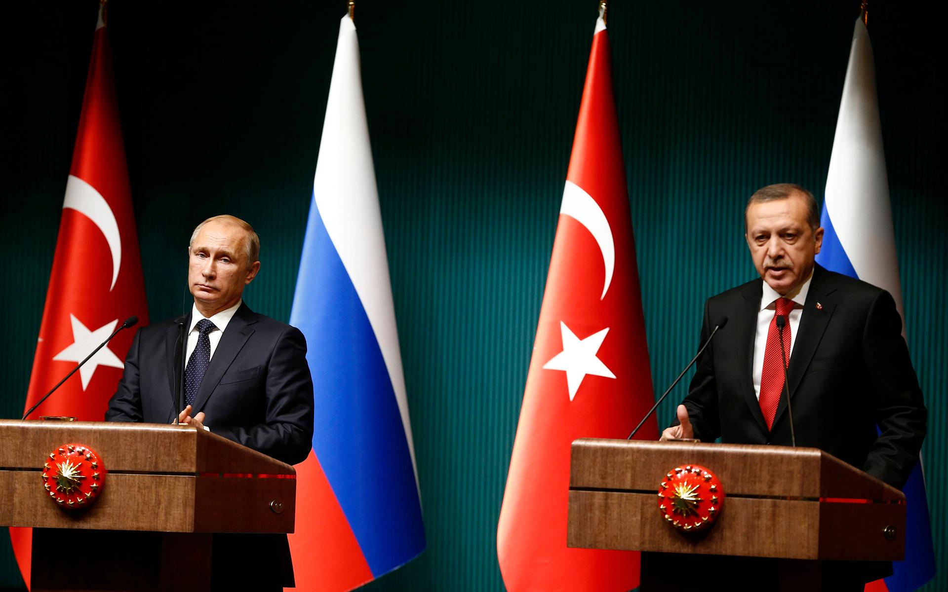 Russian President Vladimir Putin shakes hands with Turkey's President Tayyip Erdogan after a news conference at the Presidential Palace in Ankara December 1, 2014.