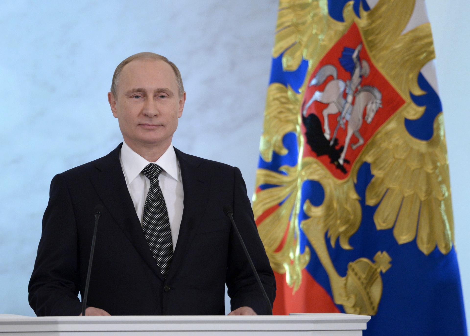 Russia's President Vladimir Putin giving his State of the Nation speech.