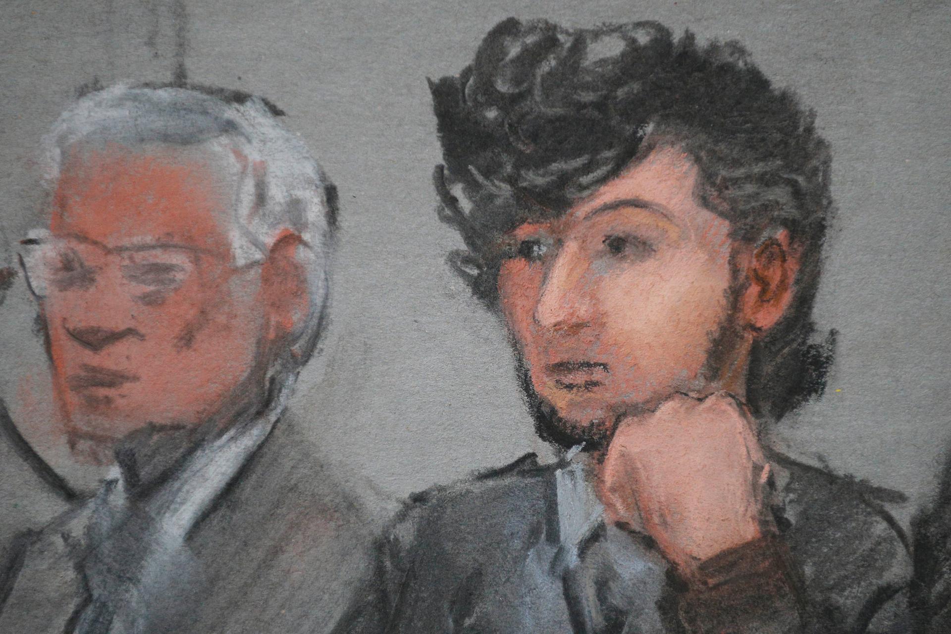 Accused Boston Marathon bomber Dzhokhar Tsarnaev is shown in a courtroom sketch on the first day of jury selection at the federal courthouse in Boston, Massachusetts, on January 5, 2015. 