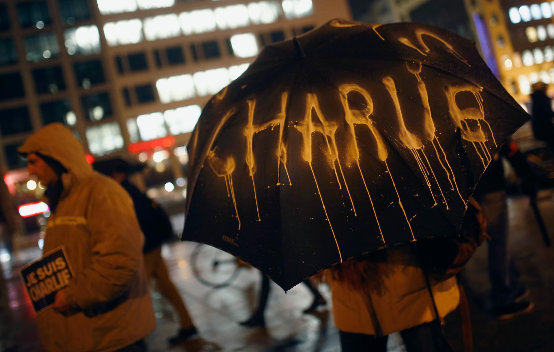 The “I am Charlie” slogan was on display during a vigil in Frankfurt, Germany following the deadly shooting attack in Paris this week. 