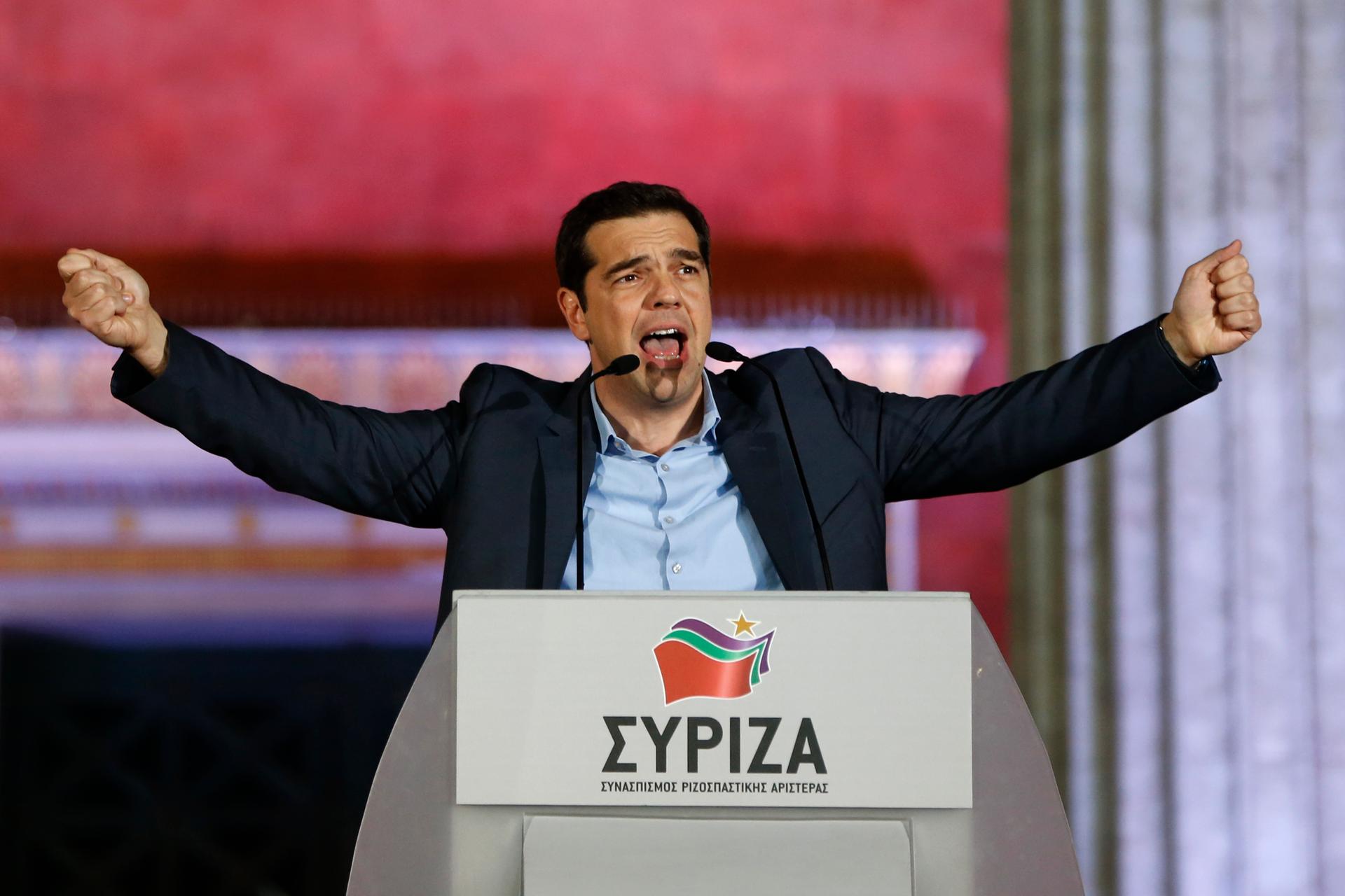 The head of radical leftist Syriza party Alexis Tsipras speaks to supporters after winning the elections in Athens January 25, 2015