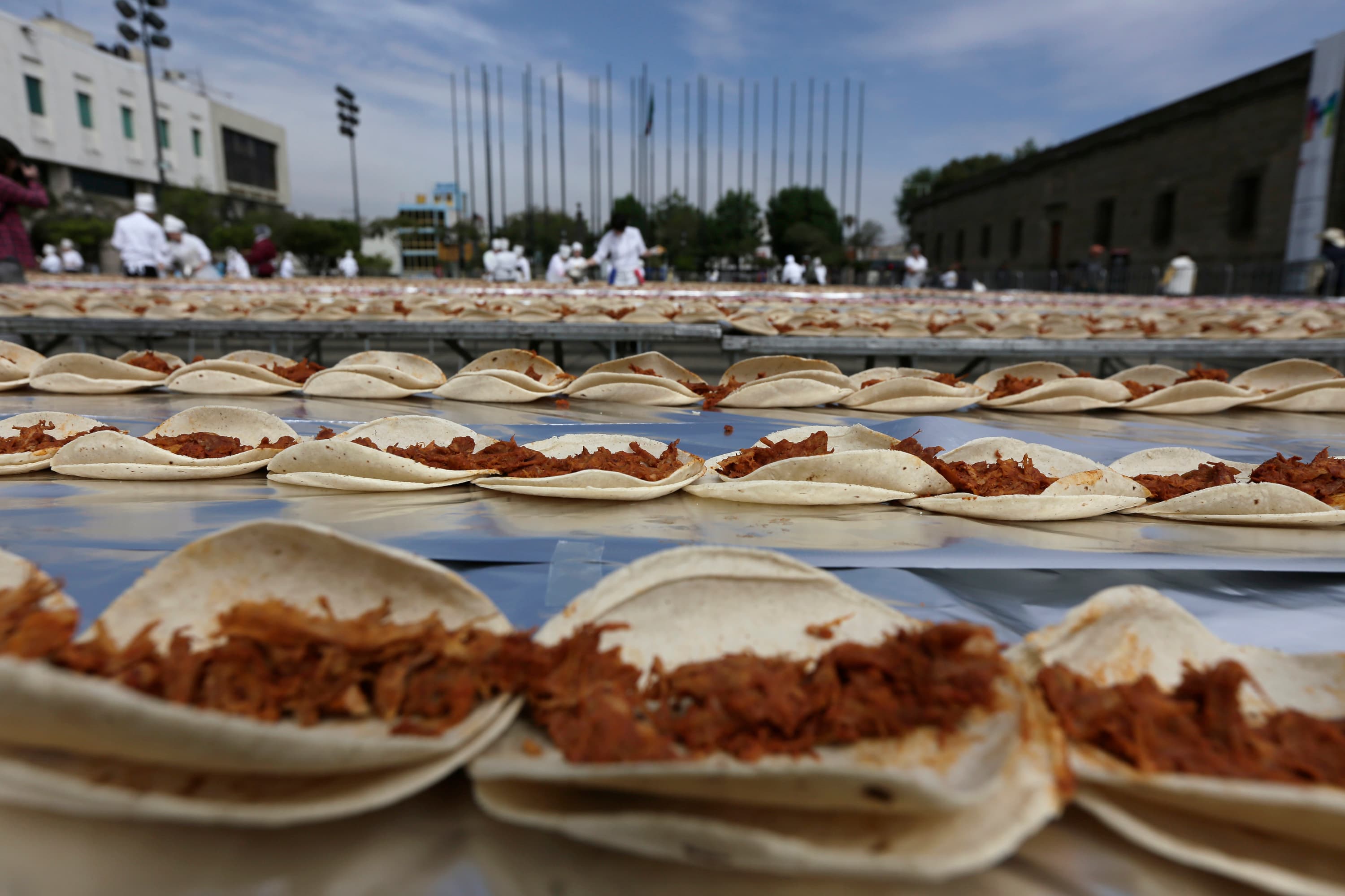 Tacos of Cochinita Pibil, a popular dish from Yucatan, are seen during an attempt to break the Guinness World Record for the world's longest taco in Guadalajara February 15, 2015.