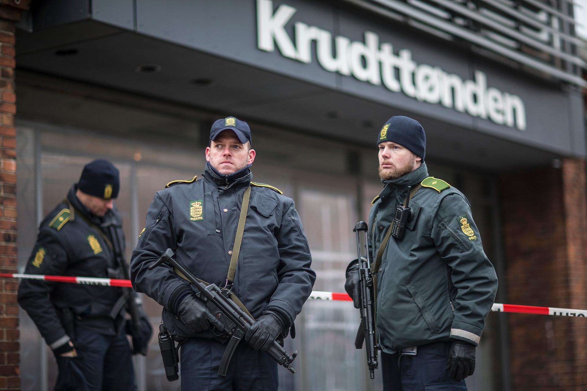 Police guard the scene of a shooting at cafe 'Krudttonden,' which was hosting a free speech event, in Copenhagen on Monday.