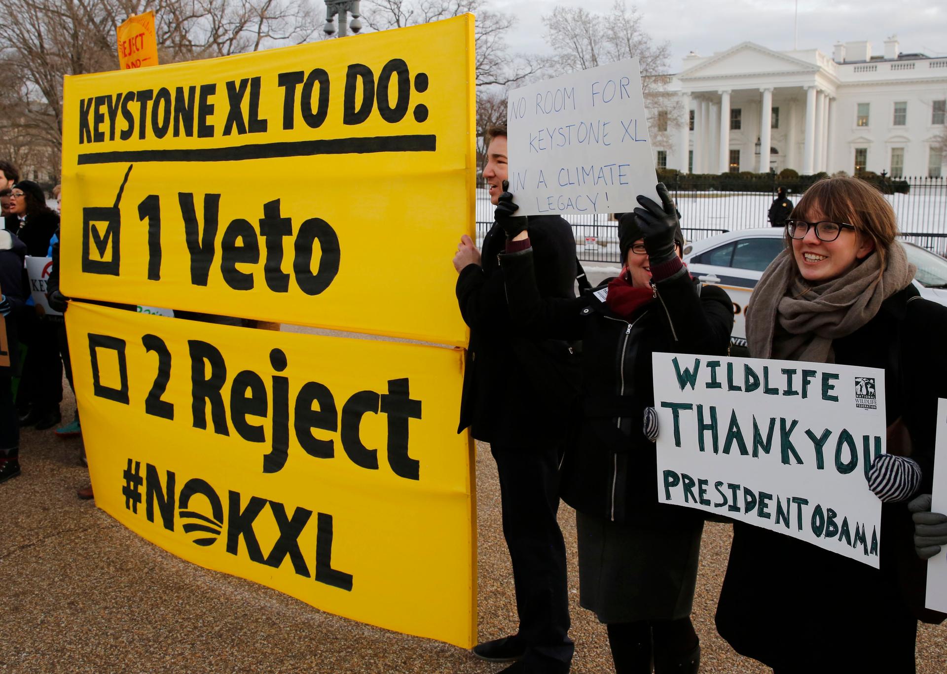 Veto supporters rally in front of the White House on February 24, 2015, the same day President Barack Obama vetoed a Republican bill approving the Keystone XL oil pipeline from Canada.