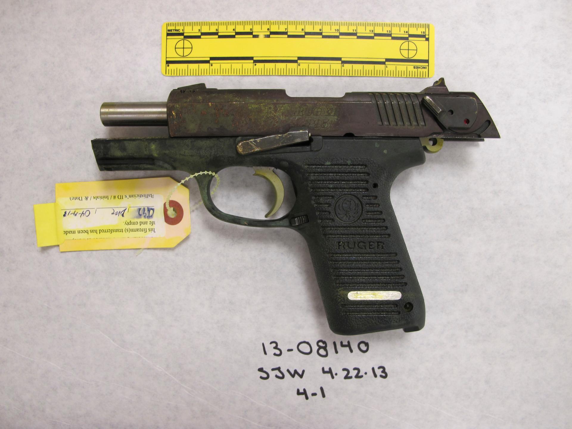 A photo entered as evidence in the trial of Boston Marathon bombing suspect Dzhokhar Tsarnaev shows a Ruger semi-automatic handgun supposedly used to kill MIT police officer Sean Collier.